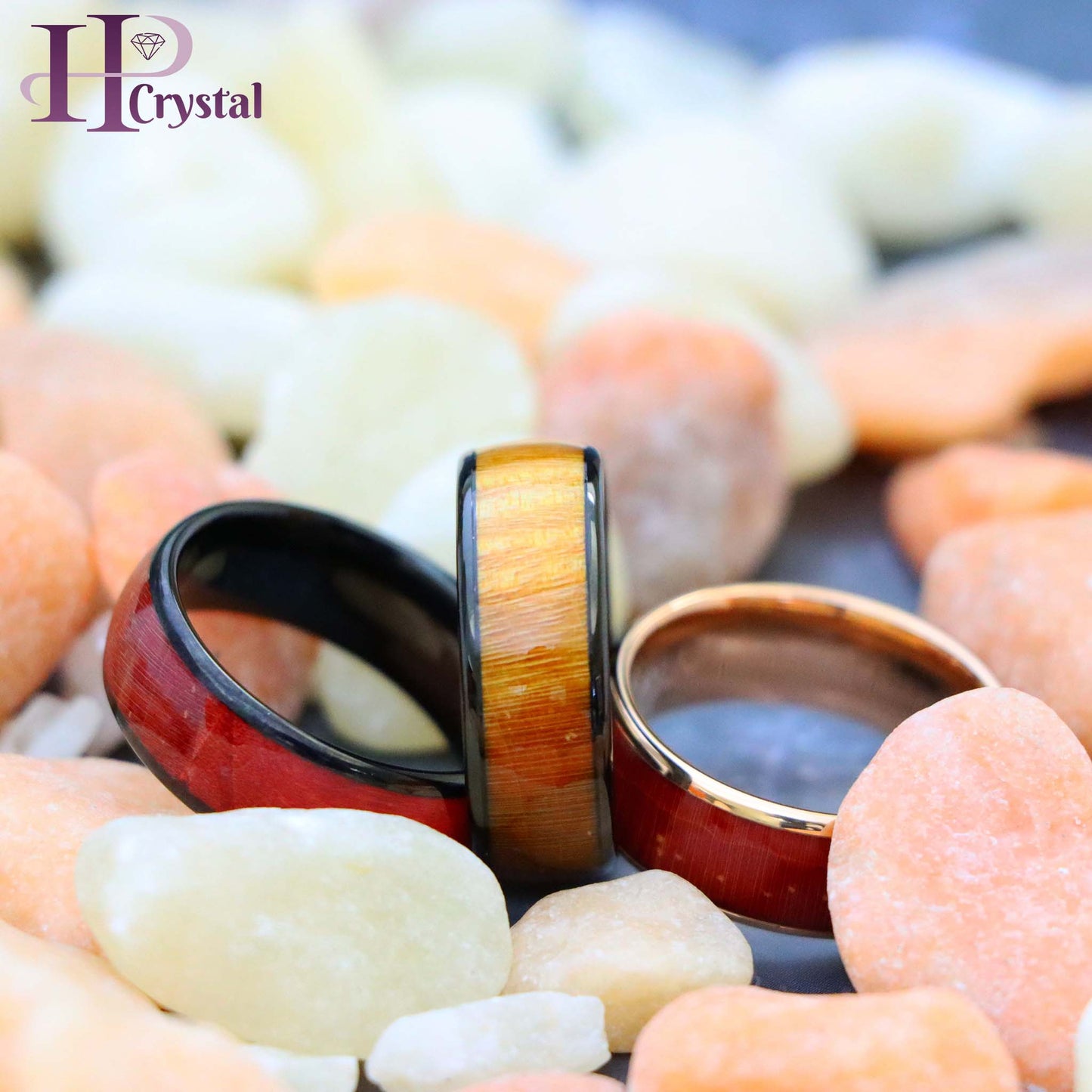 Rose Gold IP Plated/Black IP Plated Stabilized Burl Wood Inlay / Dyed Salmon Stain/Caramel Fawn Stain Solidified Wood Tungsten Ring