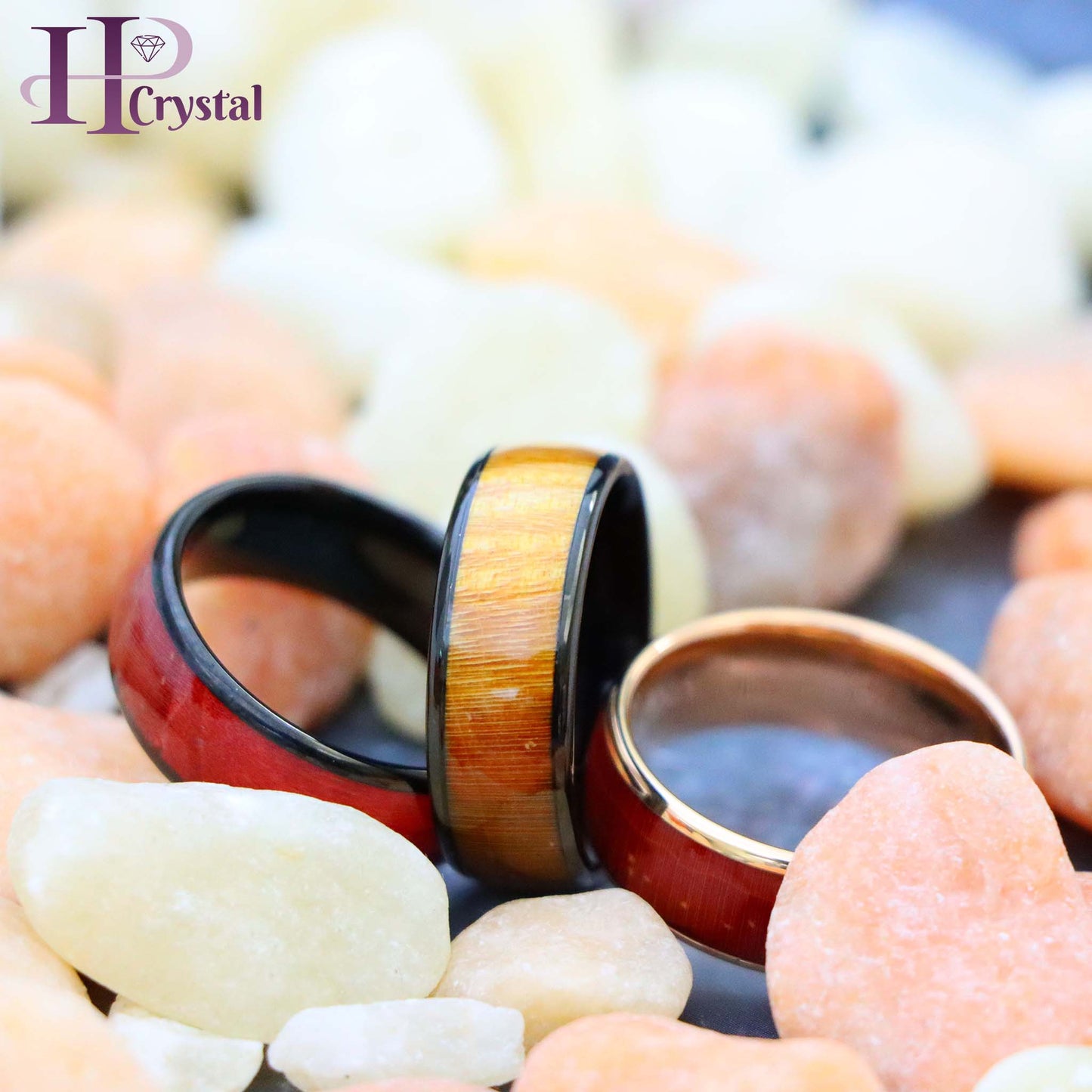 Rose Gold IP Plated/Black IP Plated Stabilized Burl Wood Inlay / Dyed Salmon Stain/Caramel Fawn Stain Solidified Wood Tungsten Ring