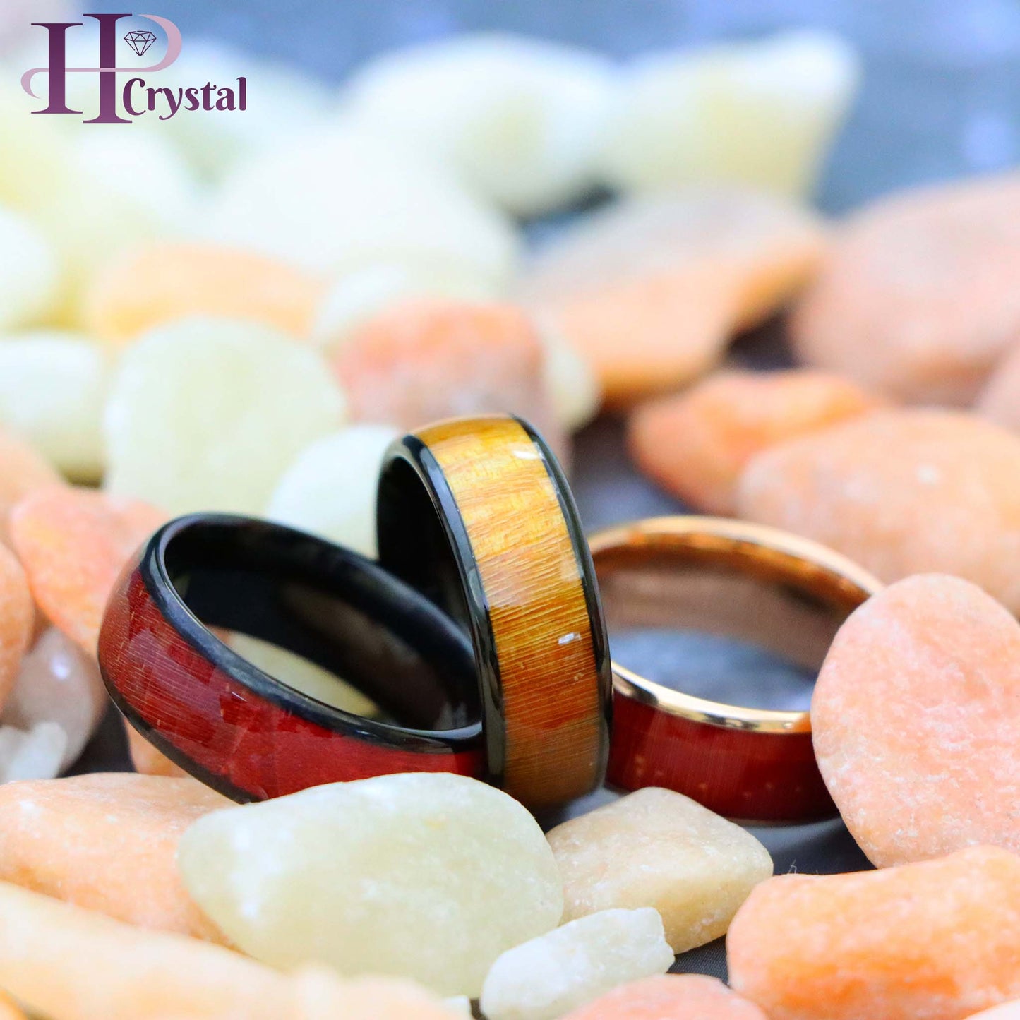 Rose Gold IP Plated/Black IP Plated Stabilized Burl Wood Inlay / Dyed Salmon Stain/Caramel Fawn Stain Solidified Wood Tungsten Ring