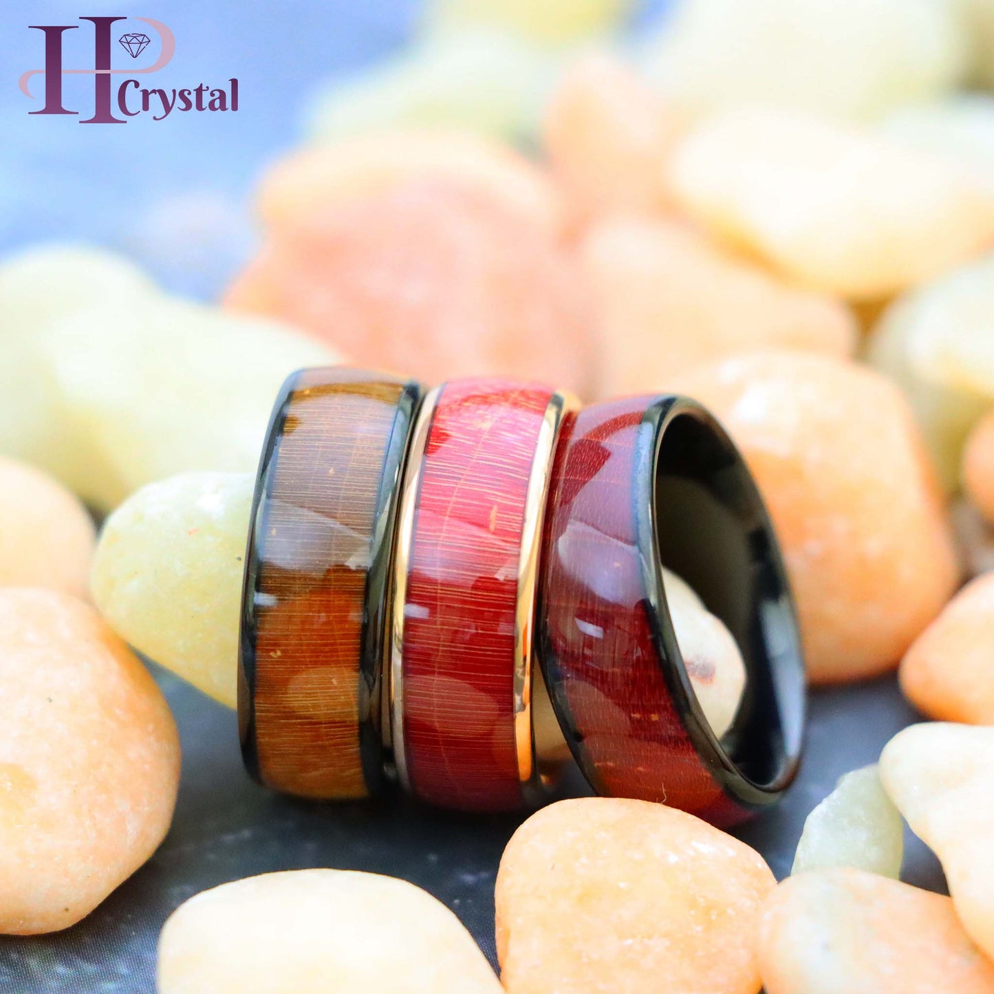 Rose Gold IP Plated/Black IP Plated Stabilized Burl Wood Inlay / Dyed Salmon Stain/Caramel Fawn Stain Solidified Wood Tungsten Ring