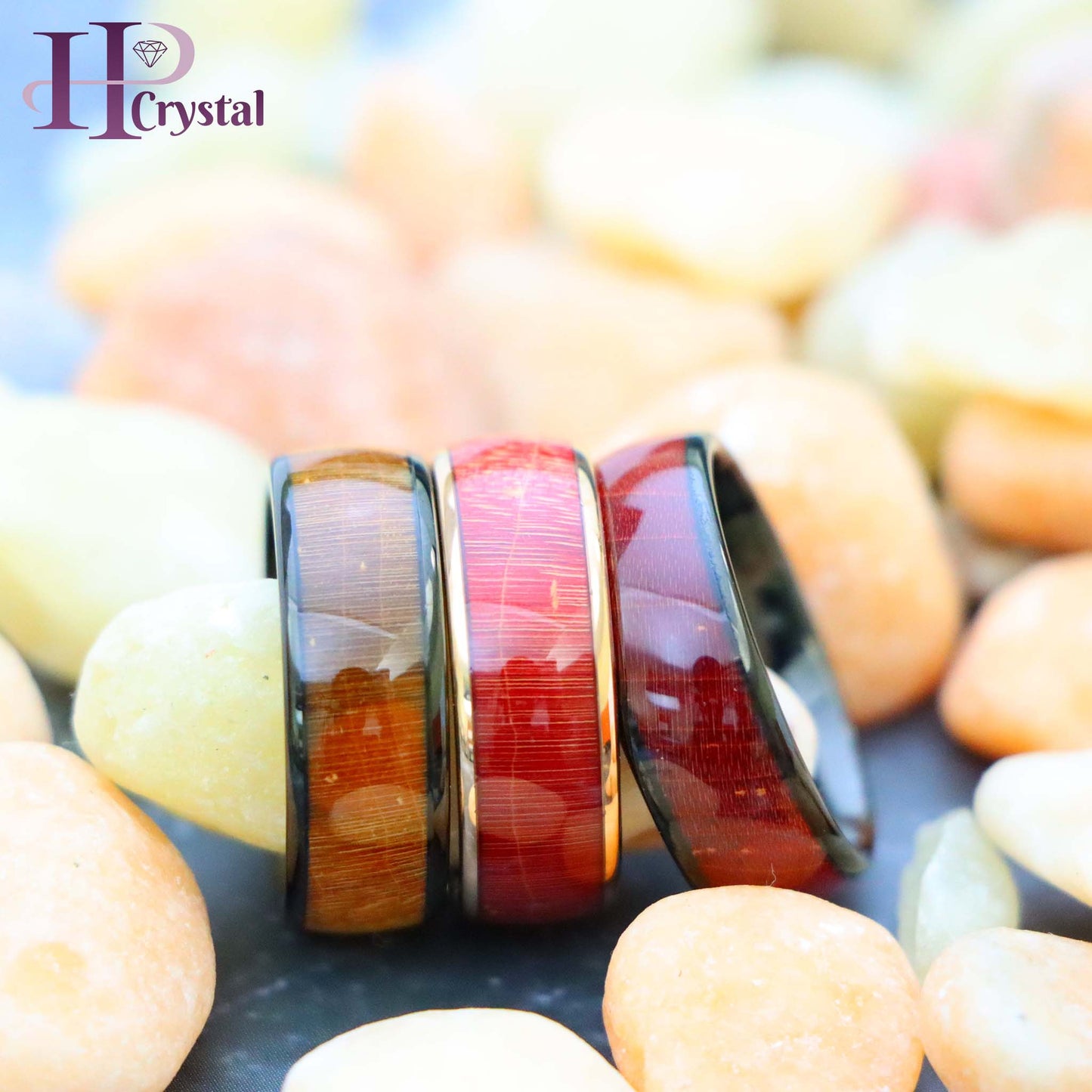 Rose Gold IP Plated/Black IP Plated Stabilized Burl Wood Inlay / Dyed Salmon Stain/Caramel Fawn Stain Solidified Wood Tungsten Ring