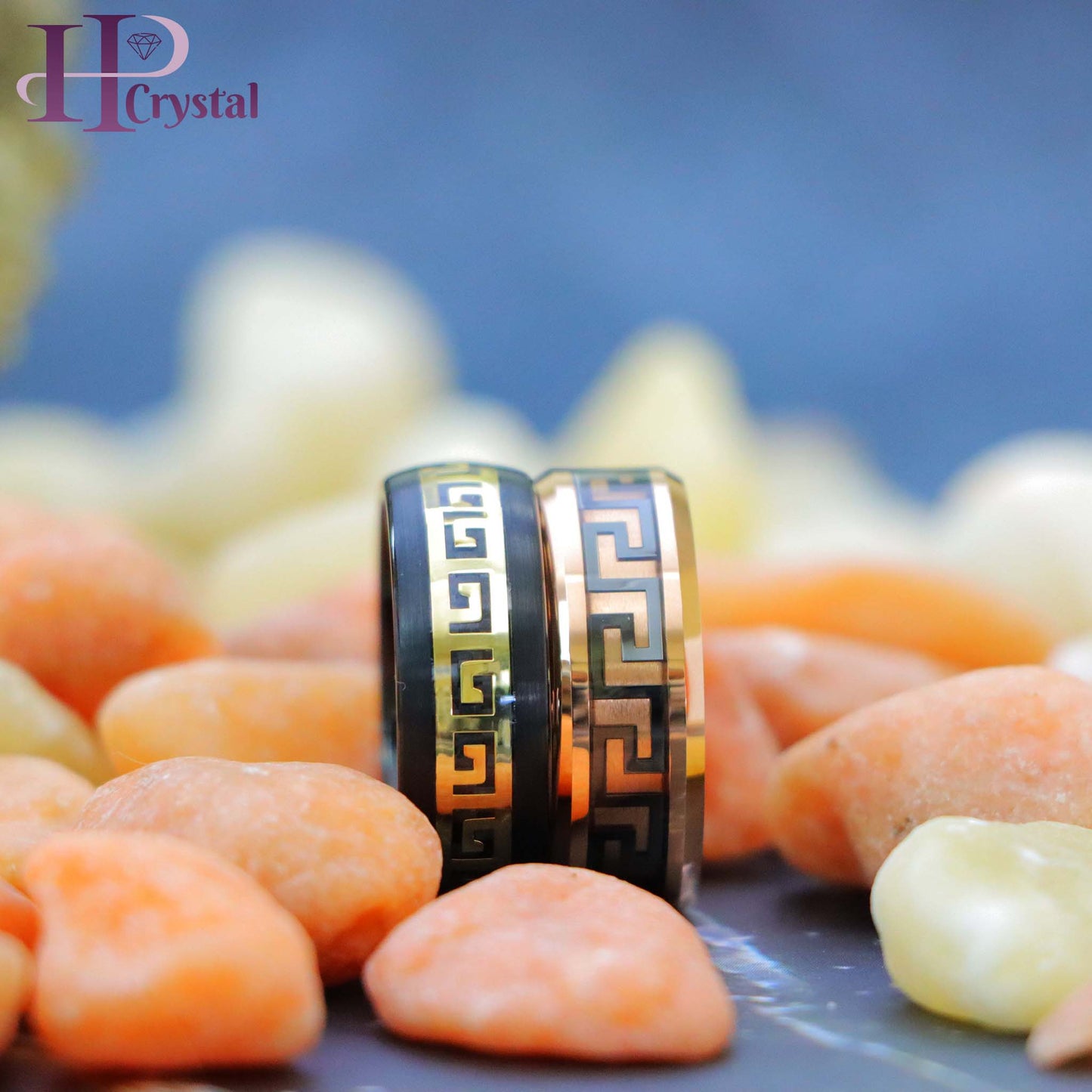 Rose Gold IP/Black IP High Polished Beveled Edge Greek Key Inlay Tungsten Ring