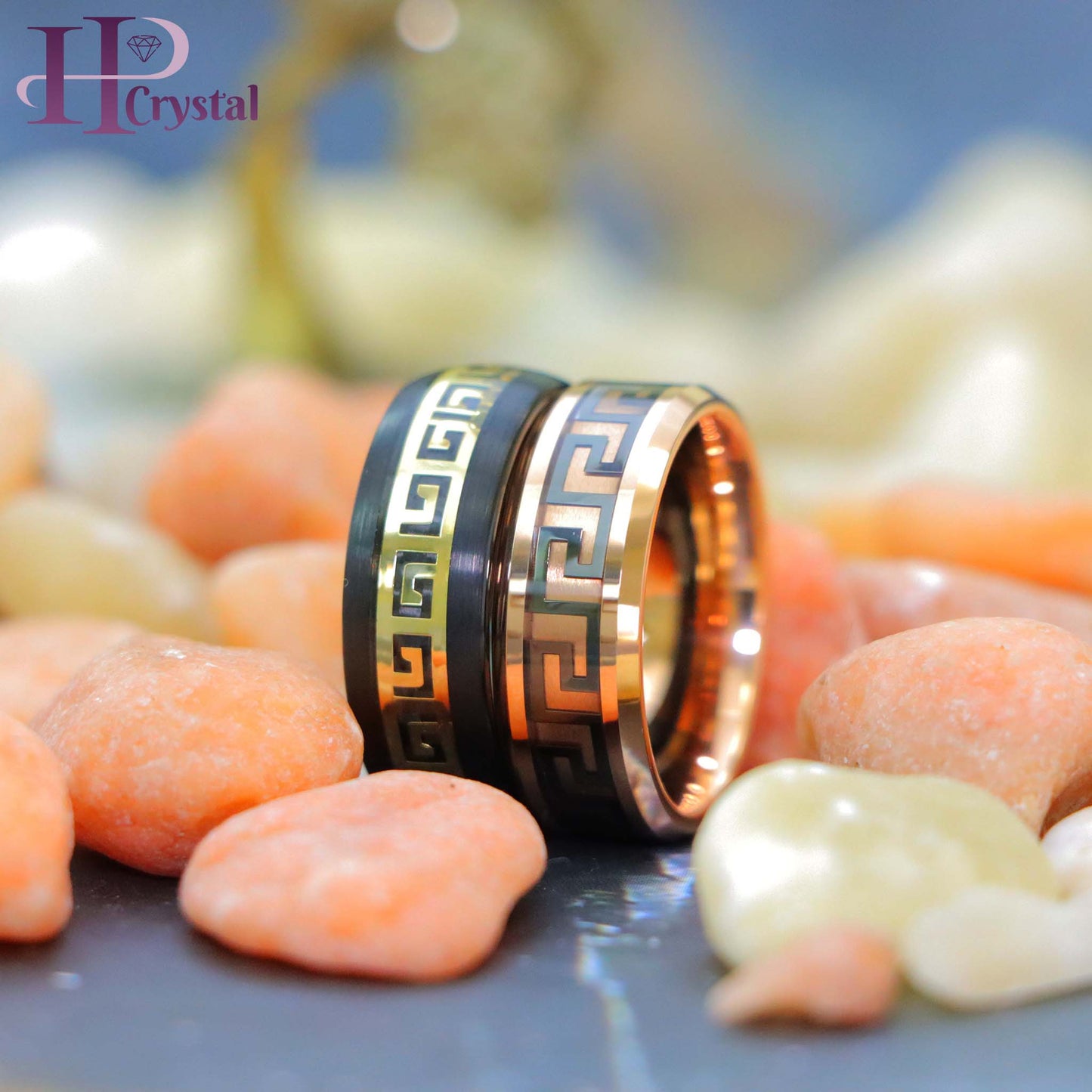 Rose Gold IP/Black IP High Polished Beveled Edge Greek Key Inlay Tungsten Ring