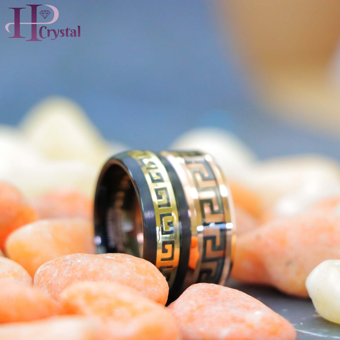 Rose Gold IP/Black IP High Polished Beveled Edge Greek Key Inlay Tungsten Ring