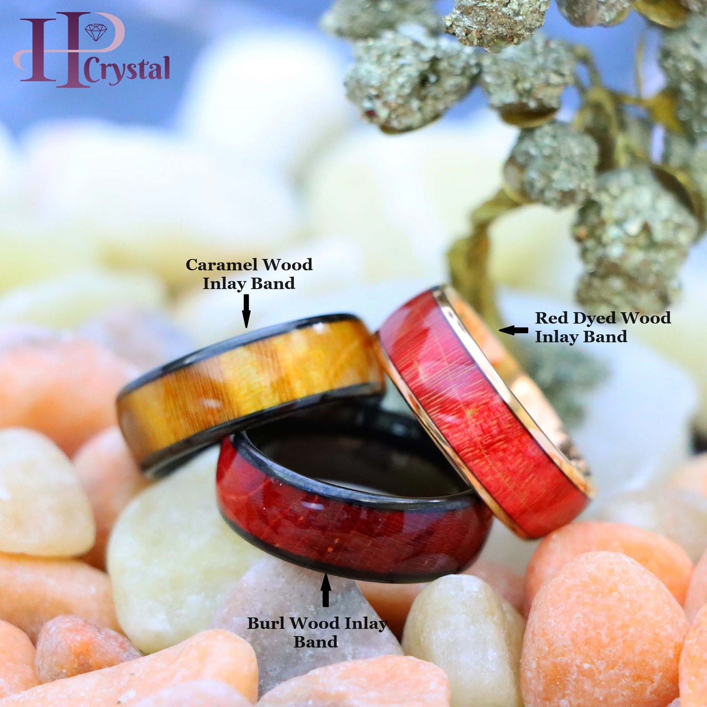 Rose Gold IP Plated/Black IP Plated Stabilized Burl Wood Inlay / Dyed Salmon Stain/Caramel Fawn Stain Solidified Wood Tungsten Ring
