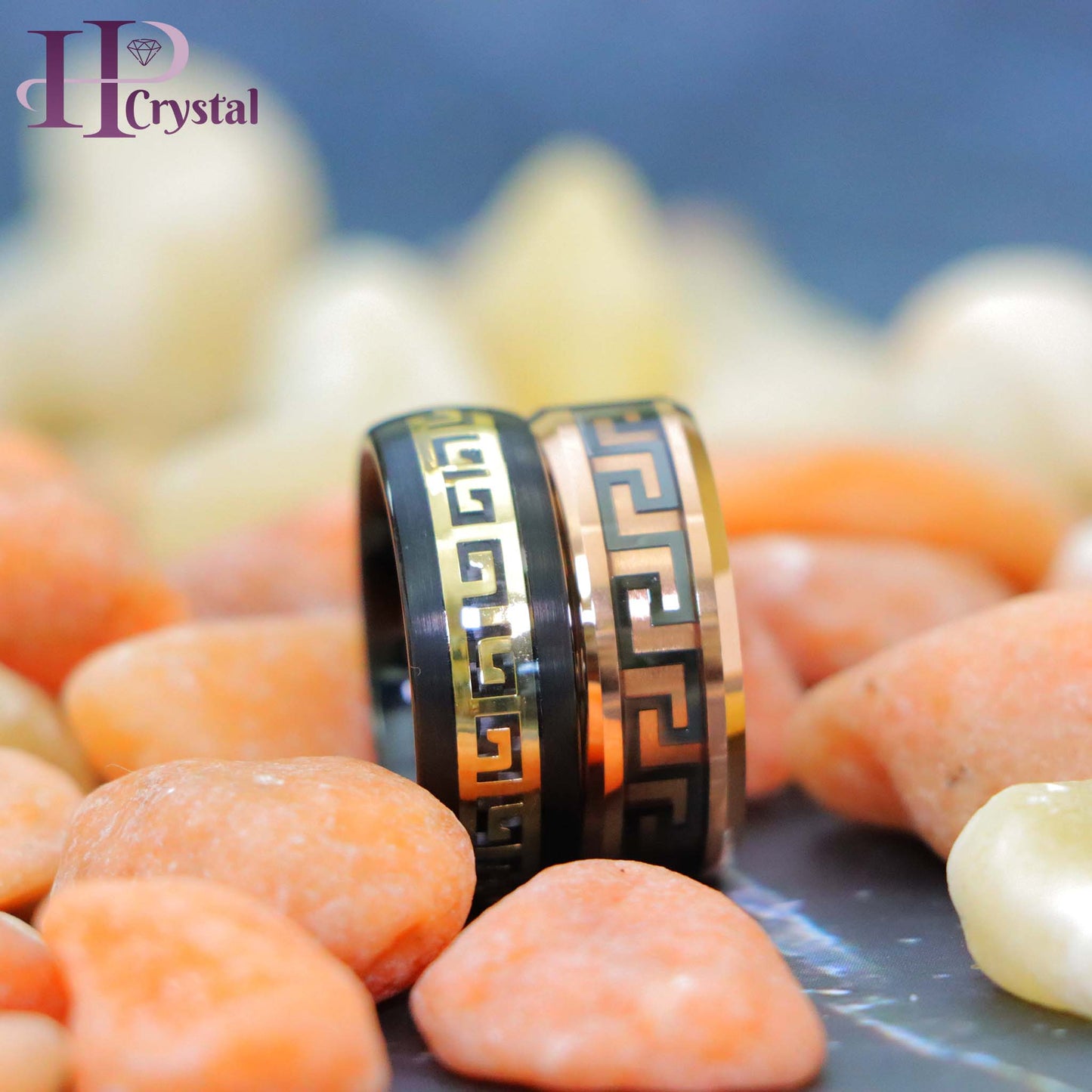 Rose Gold IP/Black IP High Polished Beveled Edge Greek Key Inlay Tungsten Ring