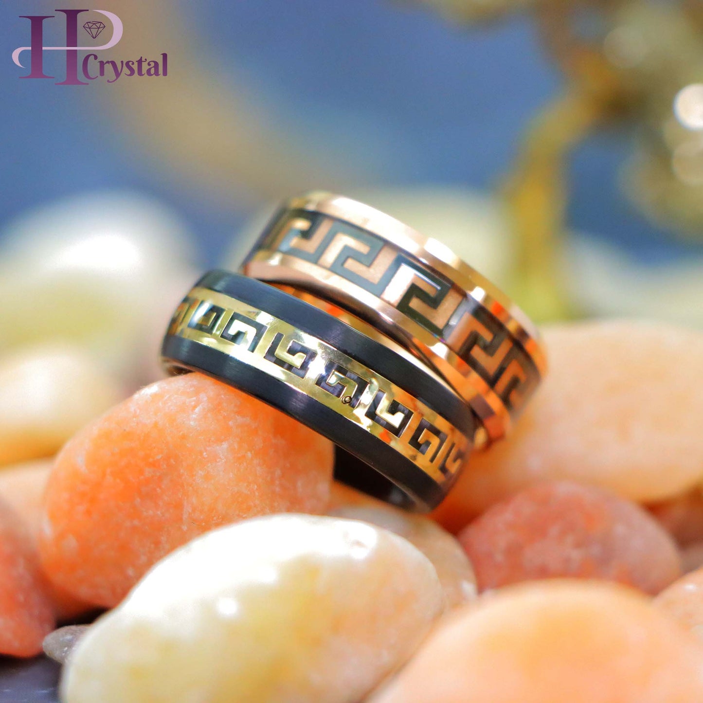 Rose Gold IP/Black IP High Polished Beveled Edge Greek Key Inlay Tungsten Ring
