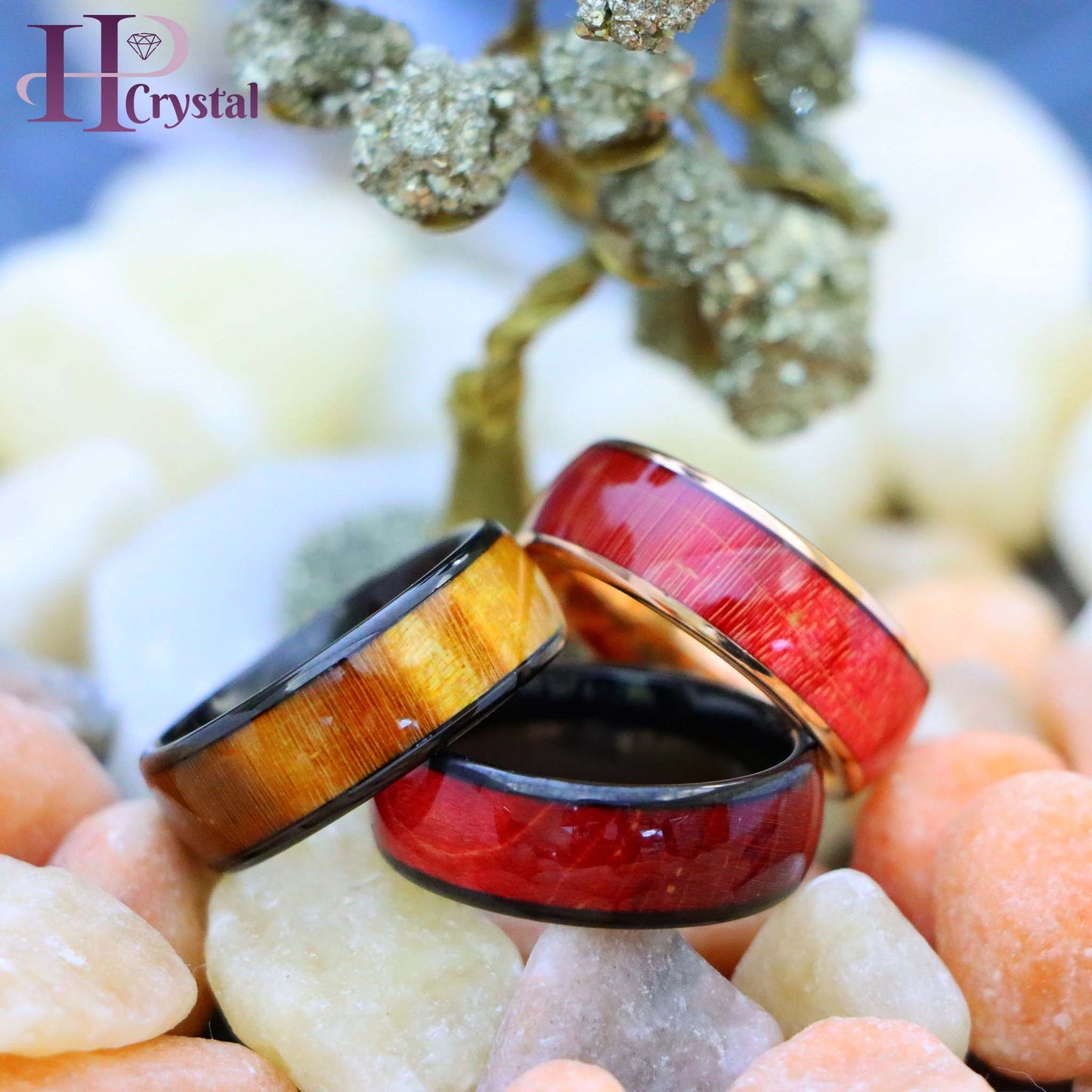 Rose Gold IP Plated/Black IP Plated Stabilized Burl Wood Inlay / Dyed Salmon Stain/Caramel Fawn Stain Solidified Wood Tungsten Ring