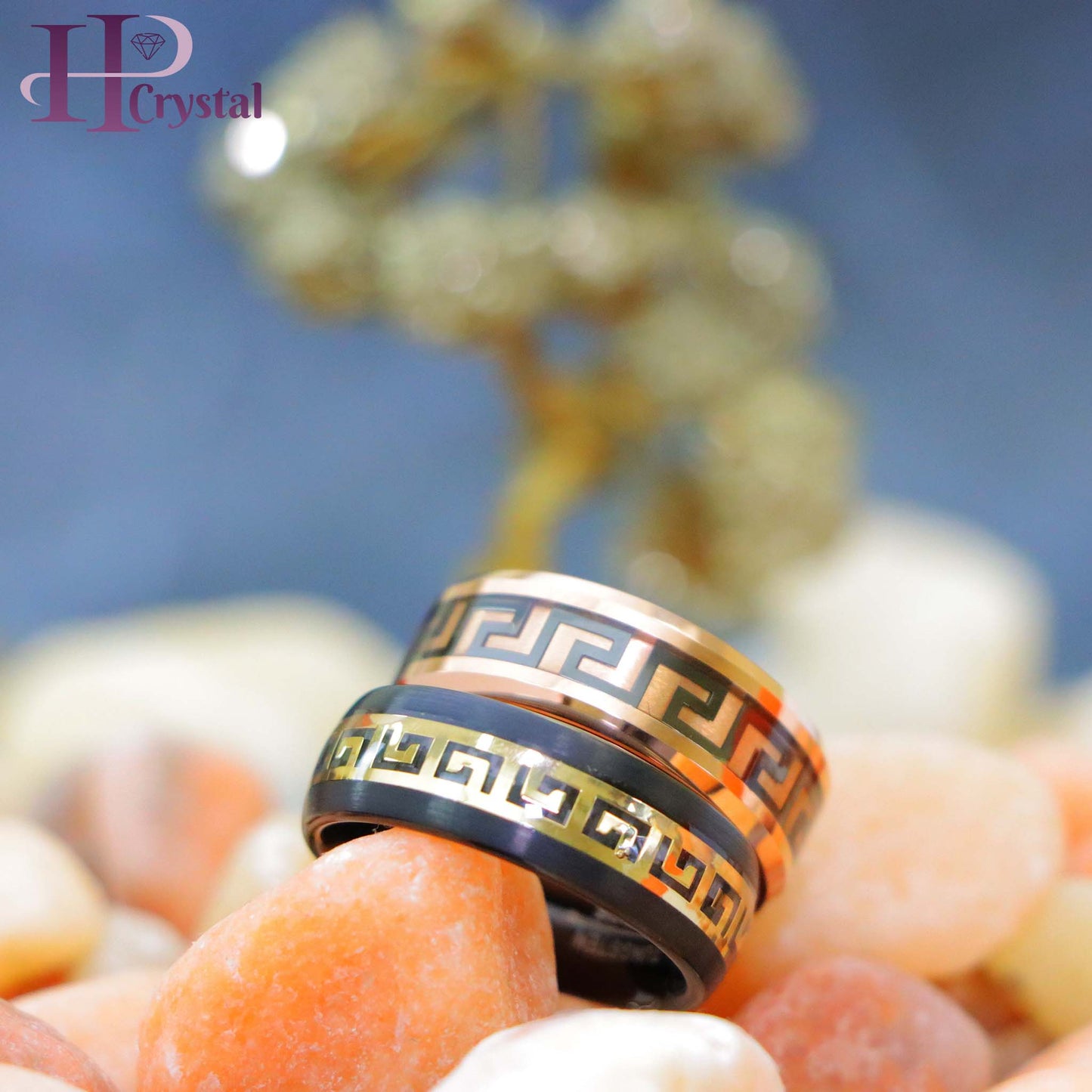Rose Gold IP/Black IP High Polished Beveled Edge Greek Key Inlay Tungsten Ring