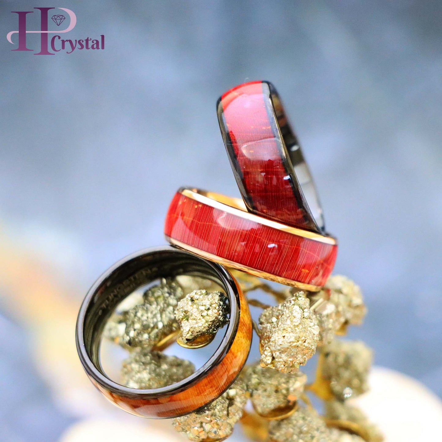 Rose Gold IP Plated/Black IP Plated Stabilized Burl Wood Inlay / Dyed Salmon Stain/Caramel Fawn Stain Solidified Wood Tungsten Ring