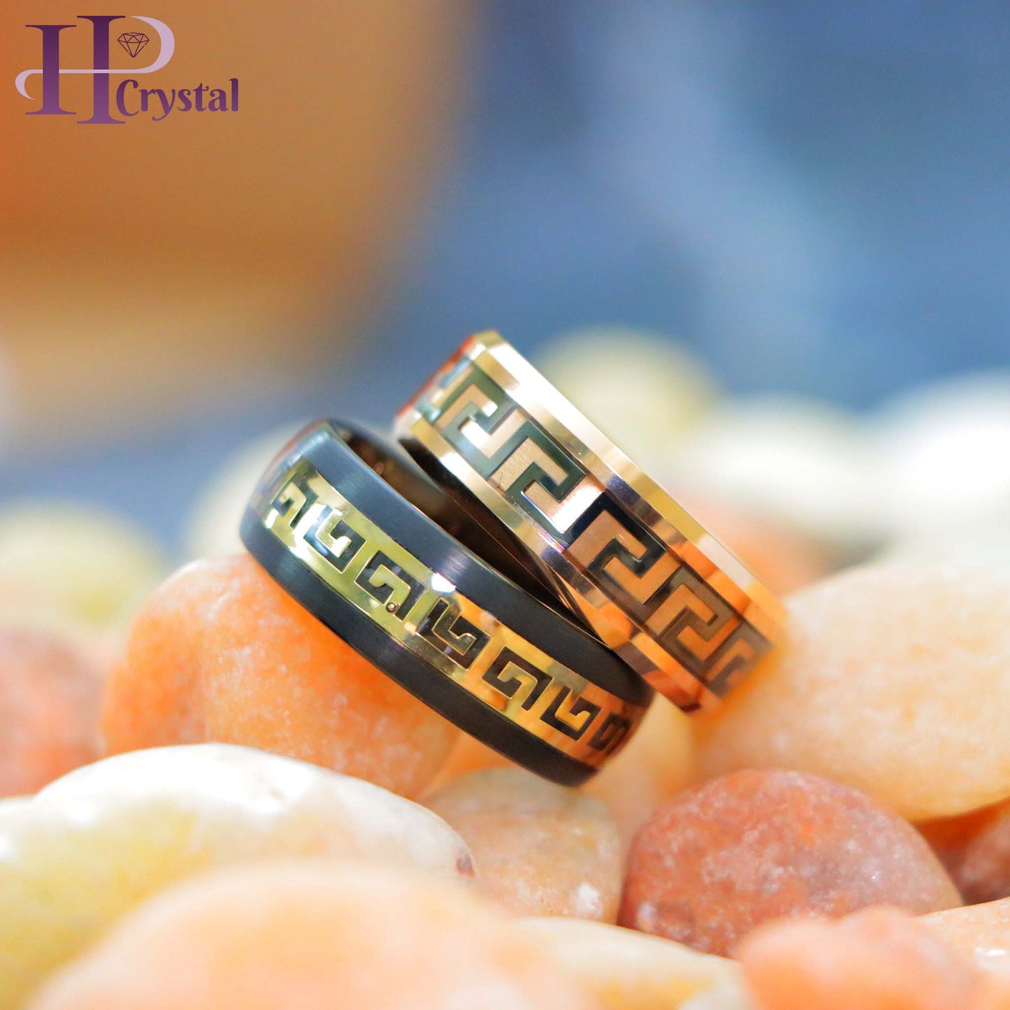 Rose Gold IP/Black IP High Polished Beveled Edge Greek Key Inlay Tungsten Ring