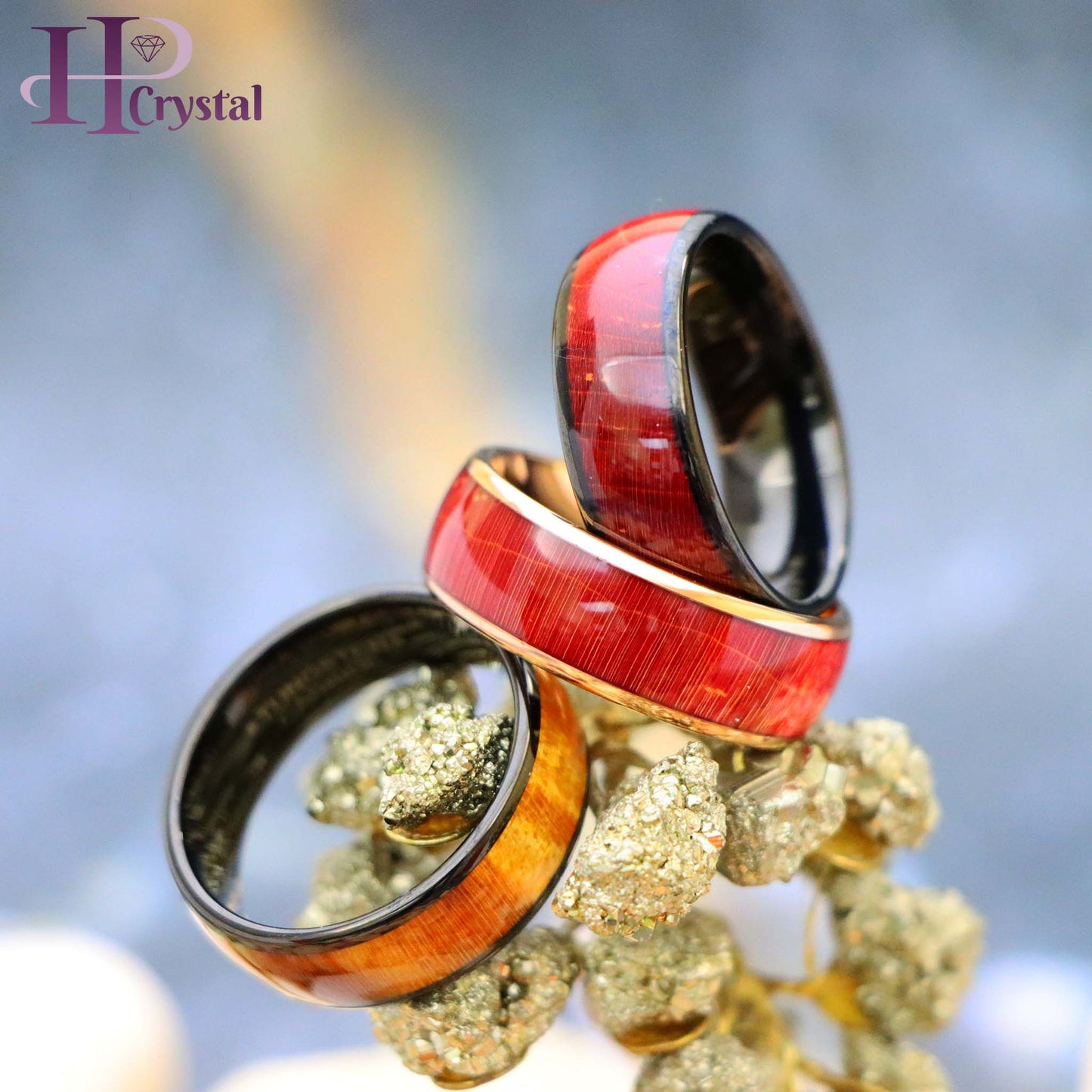 Rose Gold IP Plated/Black IP Plated Stabilized Burl Wood Inlay / Dyed Salmon Stain/Caramel Fawn Stain Solidified Wood Tungsten Ring