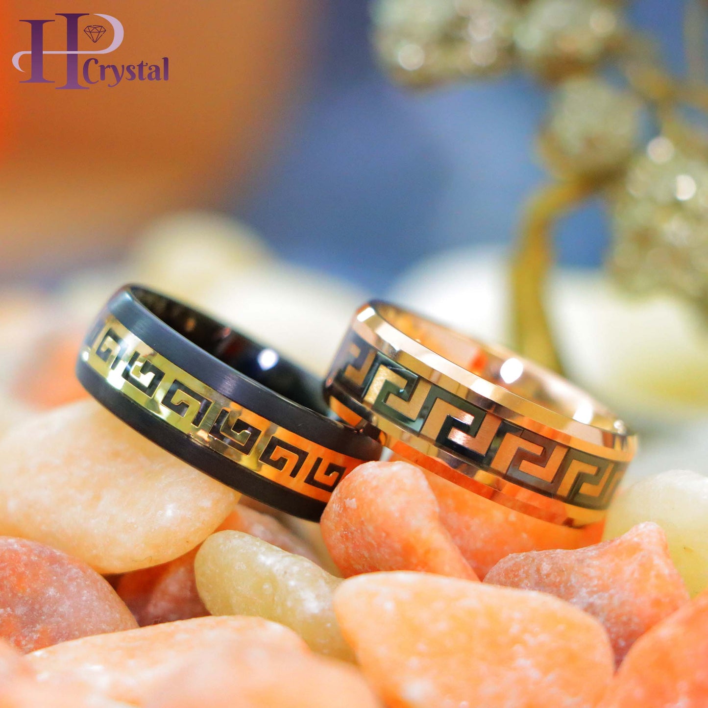 Rose Gold IP/Black IP High Polished Beveled Edge Greek Key Inlay Tungsten Ring