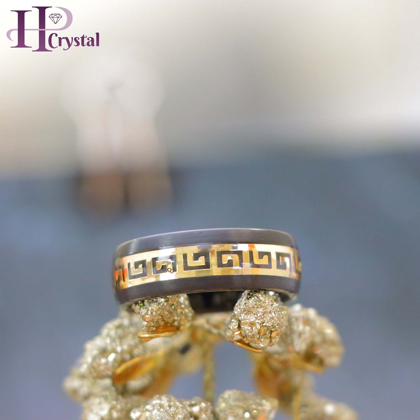 Rose Gold IP/Black IP High Polished Beveled Edge Greek Key Inlay Tungsten Ring