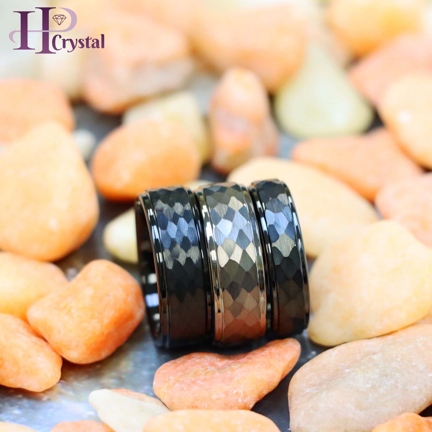 Black/Gun Metal IP Plated Hammered Center with Stepped Edge Tungsten Ring