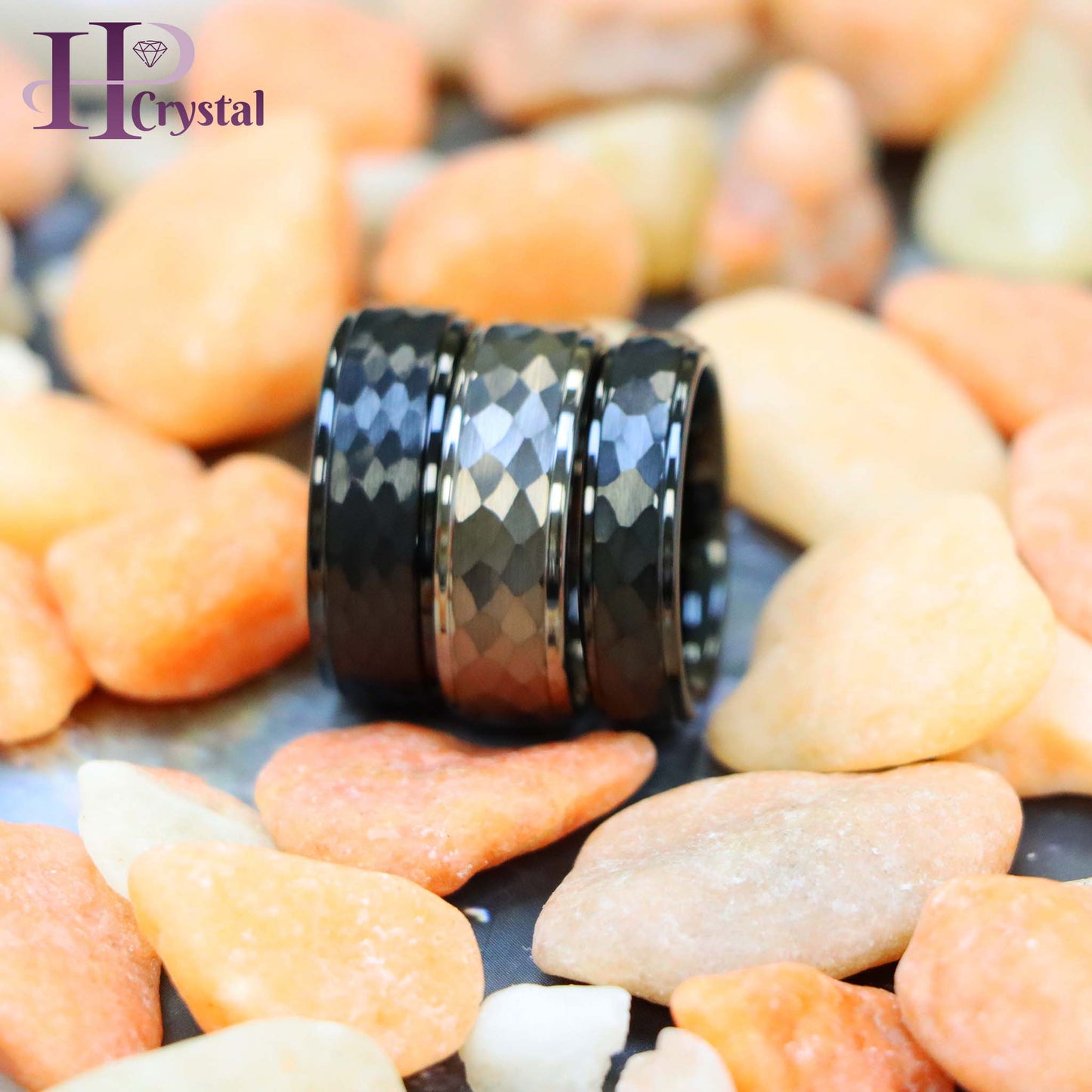 Black/Gun Metal IP Plated Hammered Center with Stepped Edge Tungsten Ring