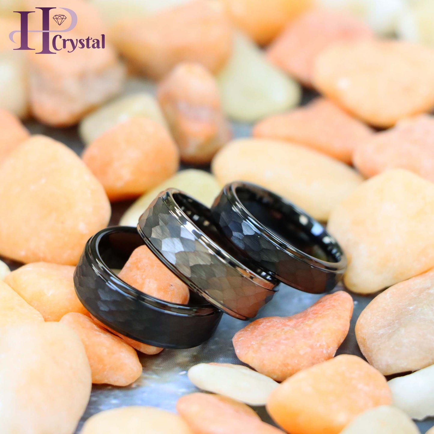 Black/Gun Metal IP Plated Hammered Center with Stepped Edge Tungsten Ring