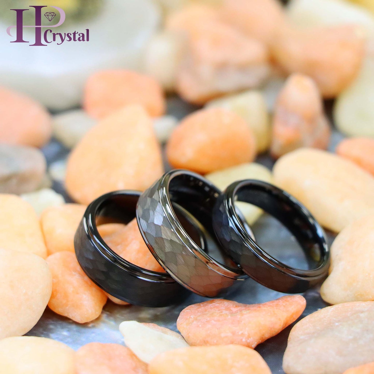 Black/Gun Metal IP Plated Hammered Center with Stepped Edge Tungsten Ring