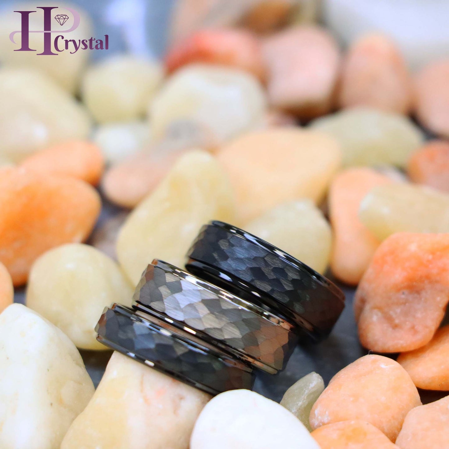 Black/Gun Metal IP Plated Hammered Center with Stepped Edge Tungsten Ring