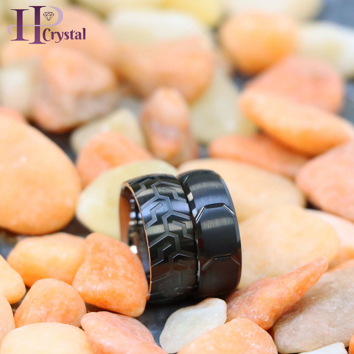 Unique Black IP Tungsten Ring – Laser Carved Tire Tread, Semi-Domed Design