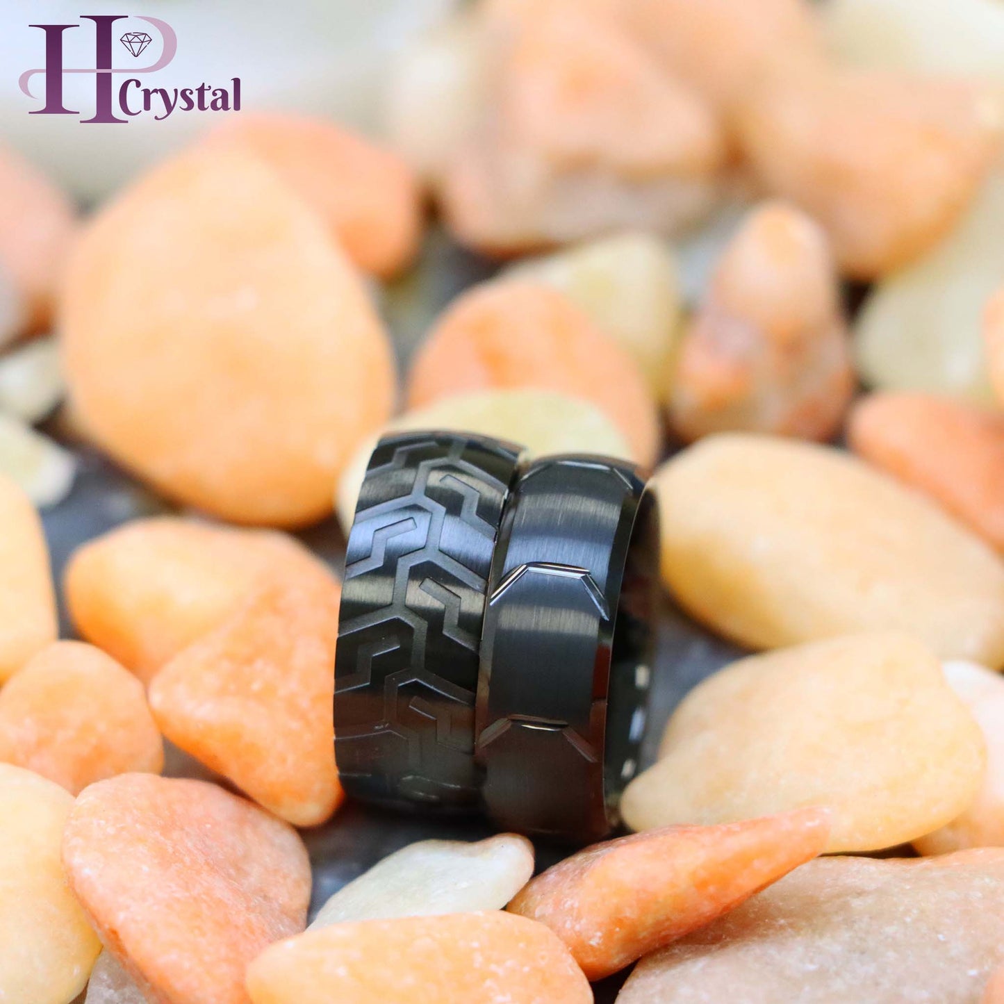 Unique Black IP Tungsten Ring – Laser Carved Tire Tread, Semi-Domed Design