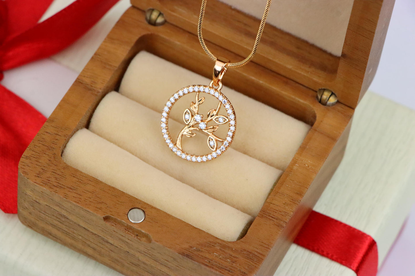 Rose Gold Tree of Life Pendant with CZ Circle – Symbolic Nature Design, XPPT1827 (2154-5)