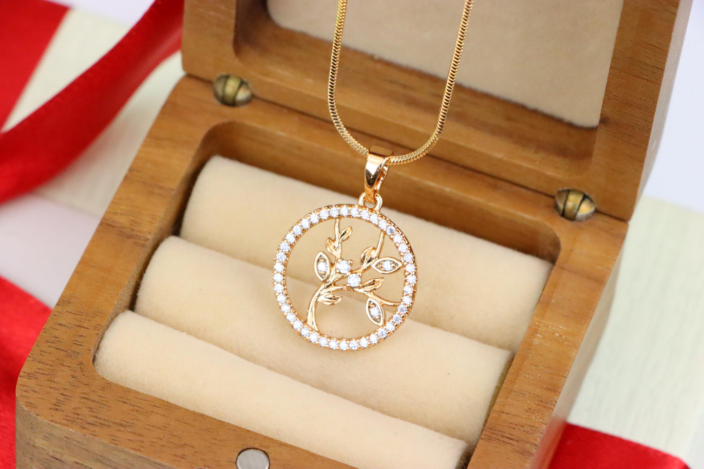 Rose Gold Tree of Life Pendant with CZ Circle – Symbolic Nature Design, XPPT1827 (2154-5)