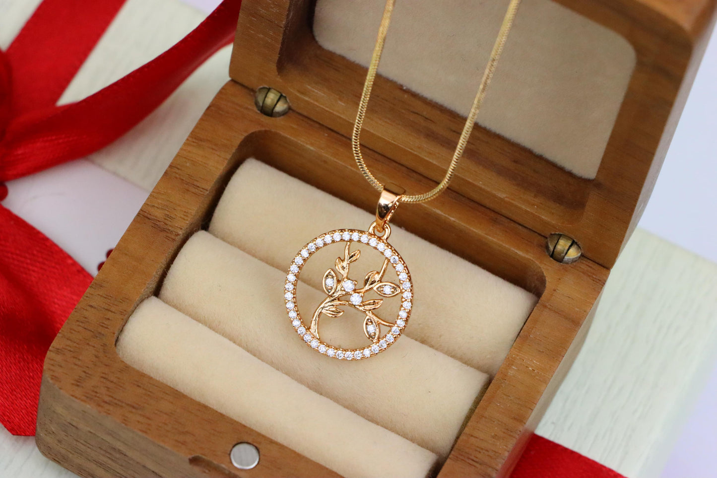 Rose Gold Tree of Life Pendant with CZ Circle – Symbolic Nature Design, XPPT1827 (2154-5)