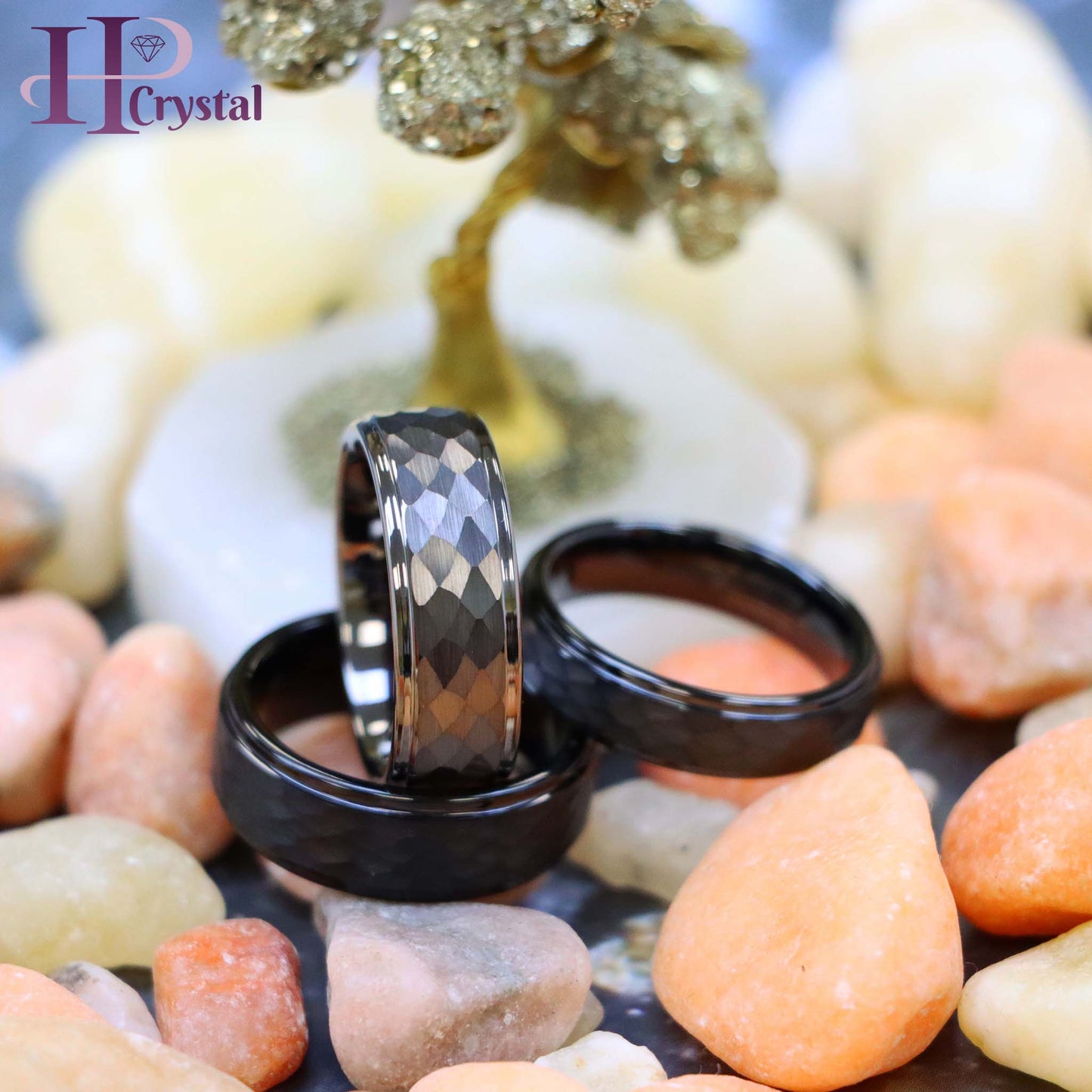 Black/Gun Metal IP Plated Hammered Center with Stepped Edge Tungsten Ring
