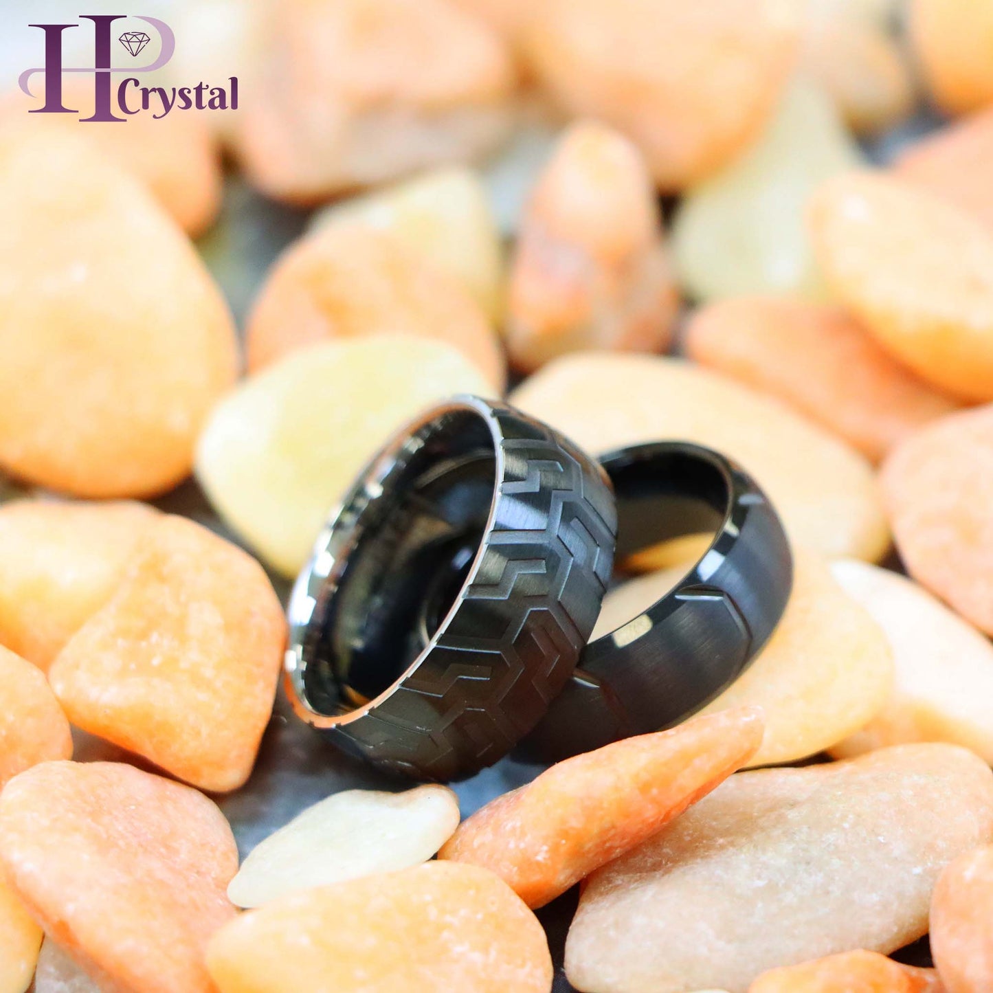 Unique Black IP Tungsten Ring – Laser Carved Tire Tread, Semi-Domed Design