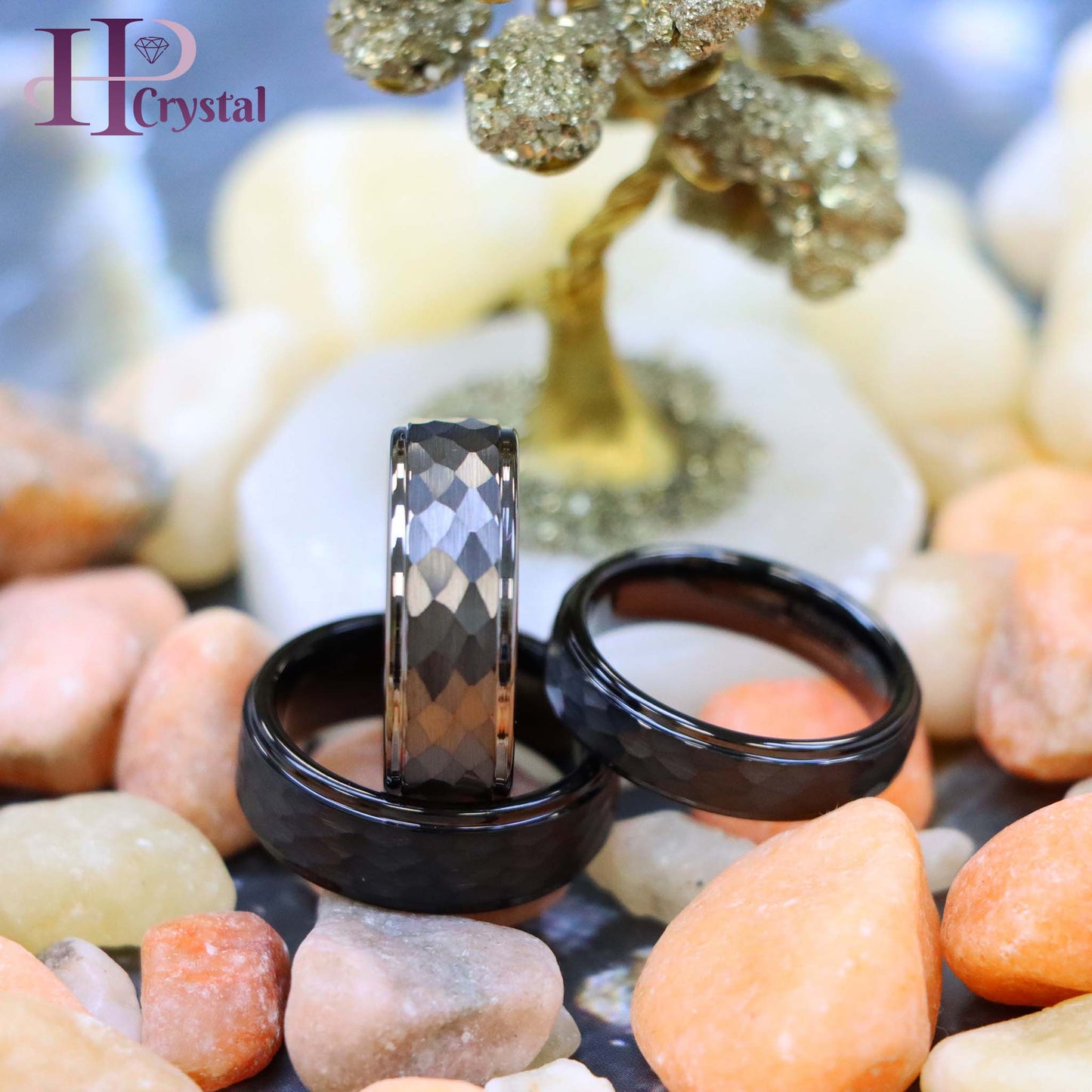 Black/Gun Metal IP Plated Hammered Center with Stepped Edge Tungsten Ring