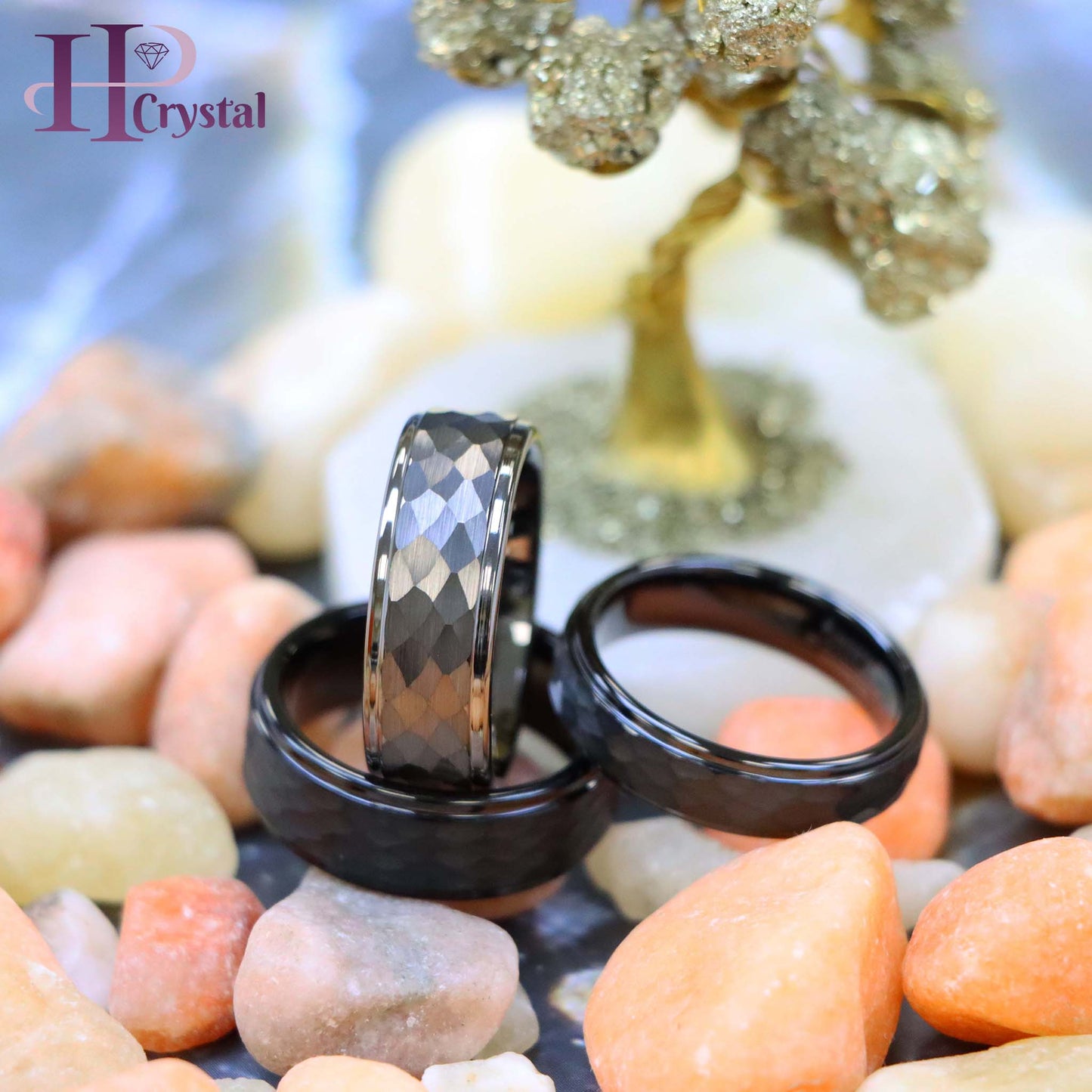 Black/Gun Metal IP Plated Hammered Center with Stepped Edge Tungsten Ring