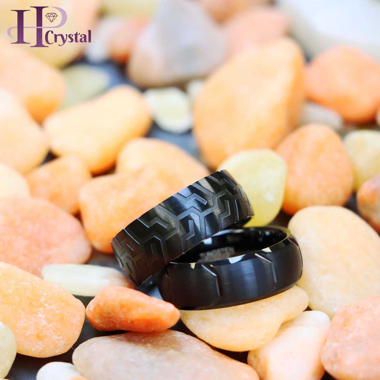Unique Black IP Tungsten Ring – Laser Carved Tire Tread, Semi-Domed Design
