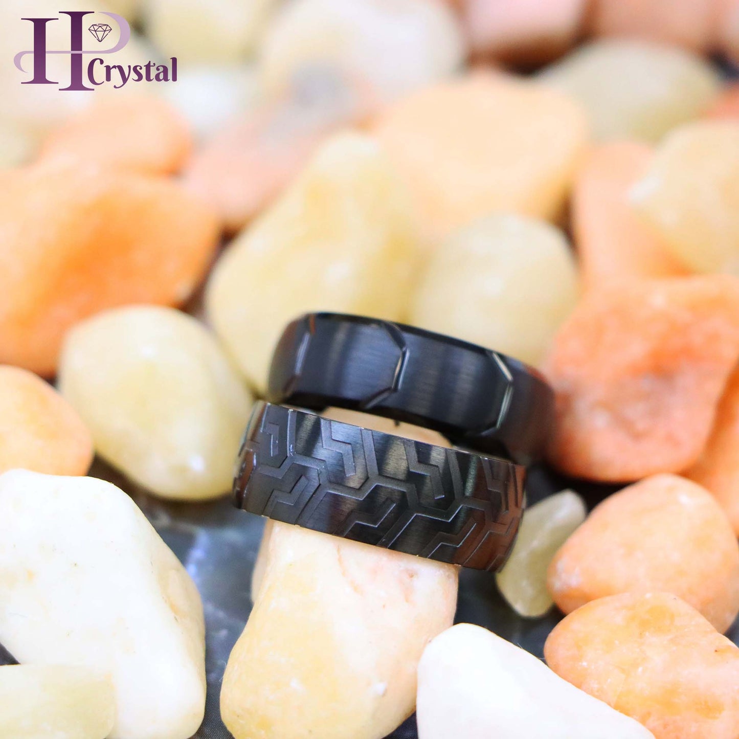 Unique Black IP Tungsten Ring – Laser Carved Tire Tread, Semi-Domed Design