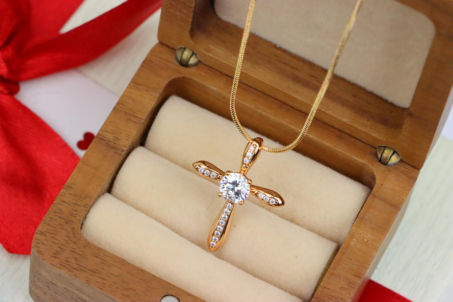 Elegant Cross Pendant with Center Solitaire in Rose Gold Finish, XPPT1828 (2154-6)