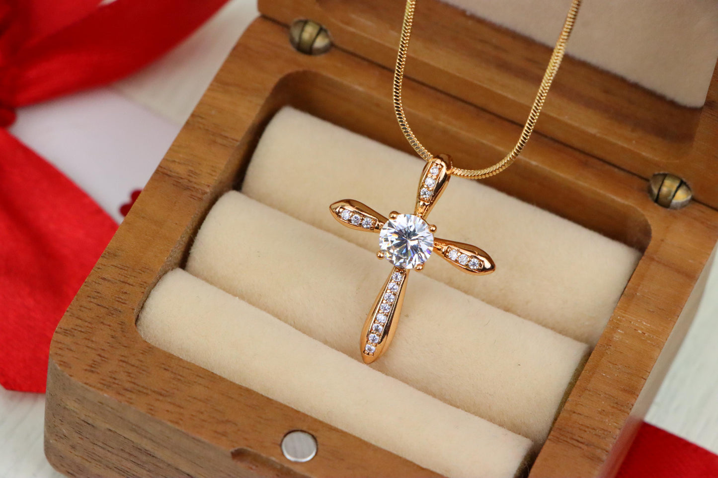 Elegant Cross Pendant with Center Solitaire in Rose Gold Finish, XPPT1828 (2154-6)