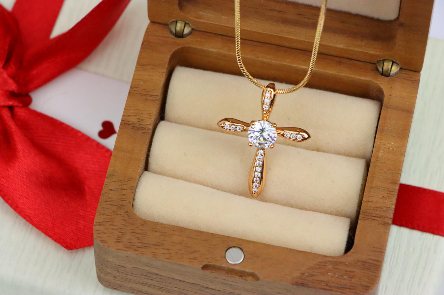 Elegant Cross Pendant with Center Solitaire in Rose Gold Finish, XPPT1828 (2154-6)