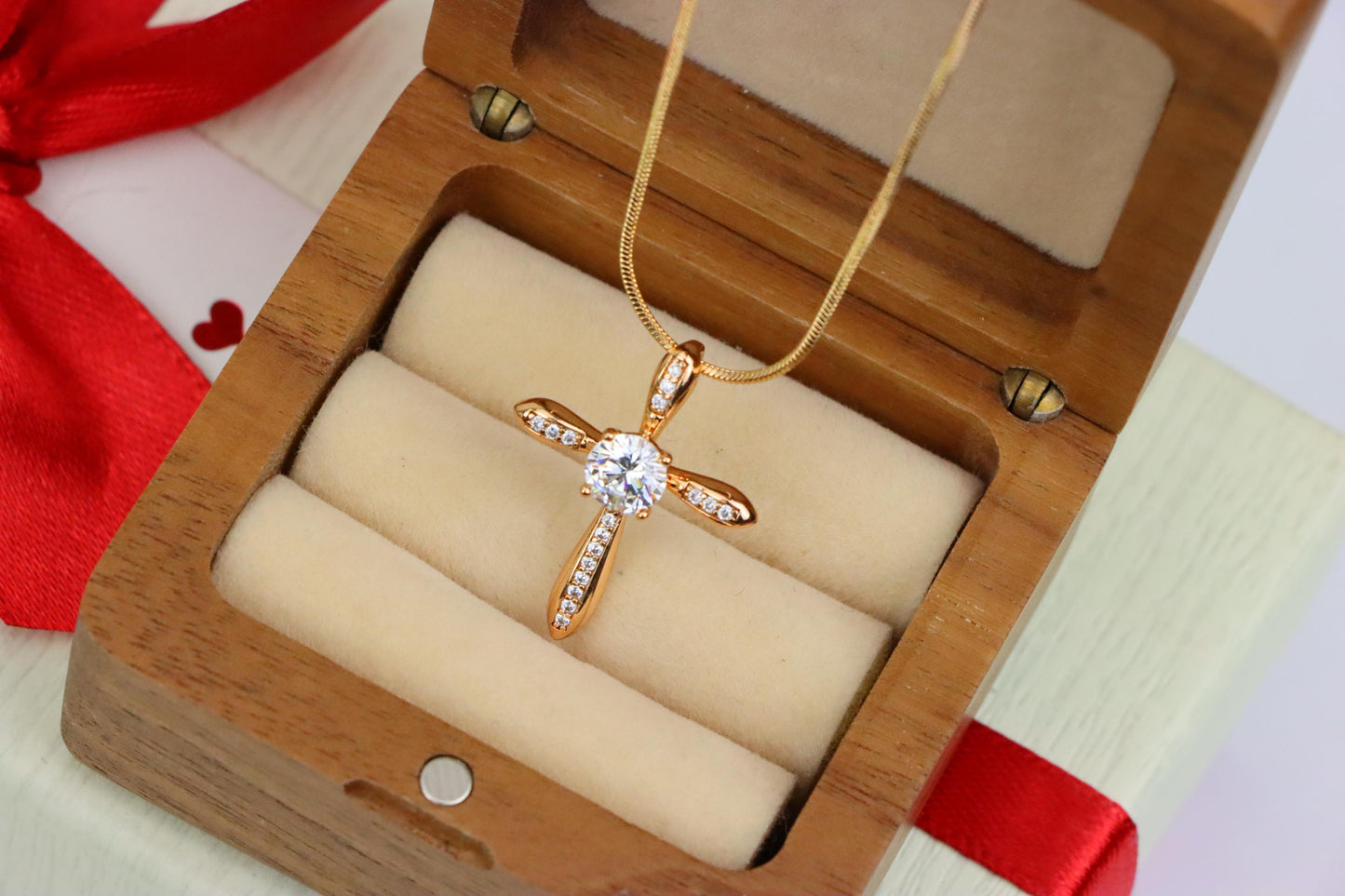 Elegant Cross Pendant with Center Solitaire in Rose Gold Finish, XPPT1828 (2154-6)