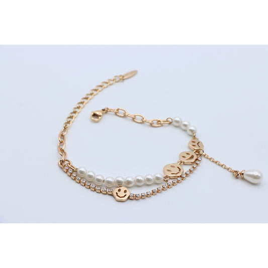 Rose Gold Smiley Face Pearl and Crystal Layered Bracelet, XPBL0671 (2067-10)
