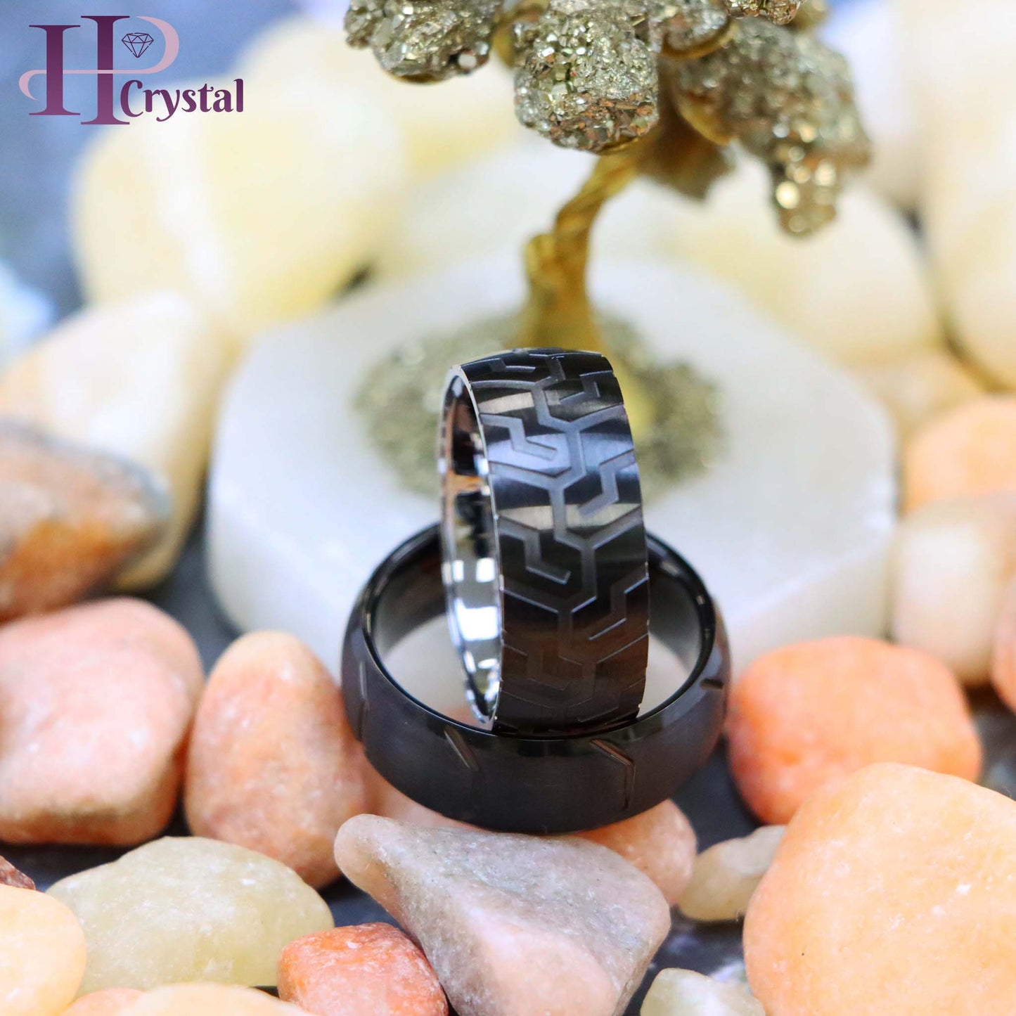 Unique Black IP Tungsten Ring – Laser Carved Tire Tread, Semi-Domed Design