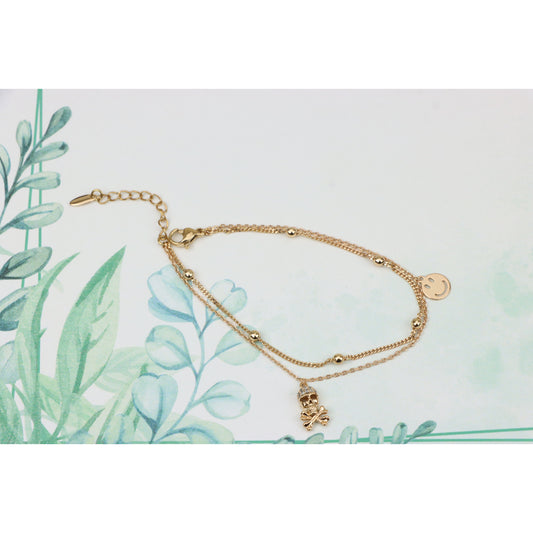 Rose Gold Double Layer Skull Bracelet with Crystal Accents, XPBL0674 (2068-3)
