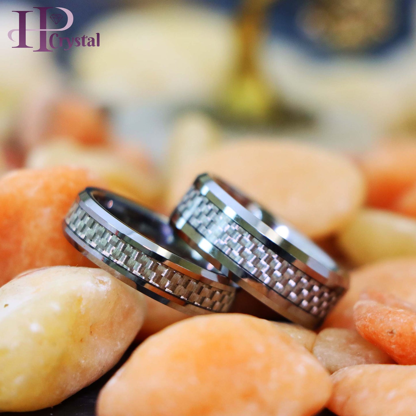 Grey Carbon Fiber Inlay Low Beveled Edge Tungsten Ring