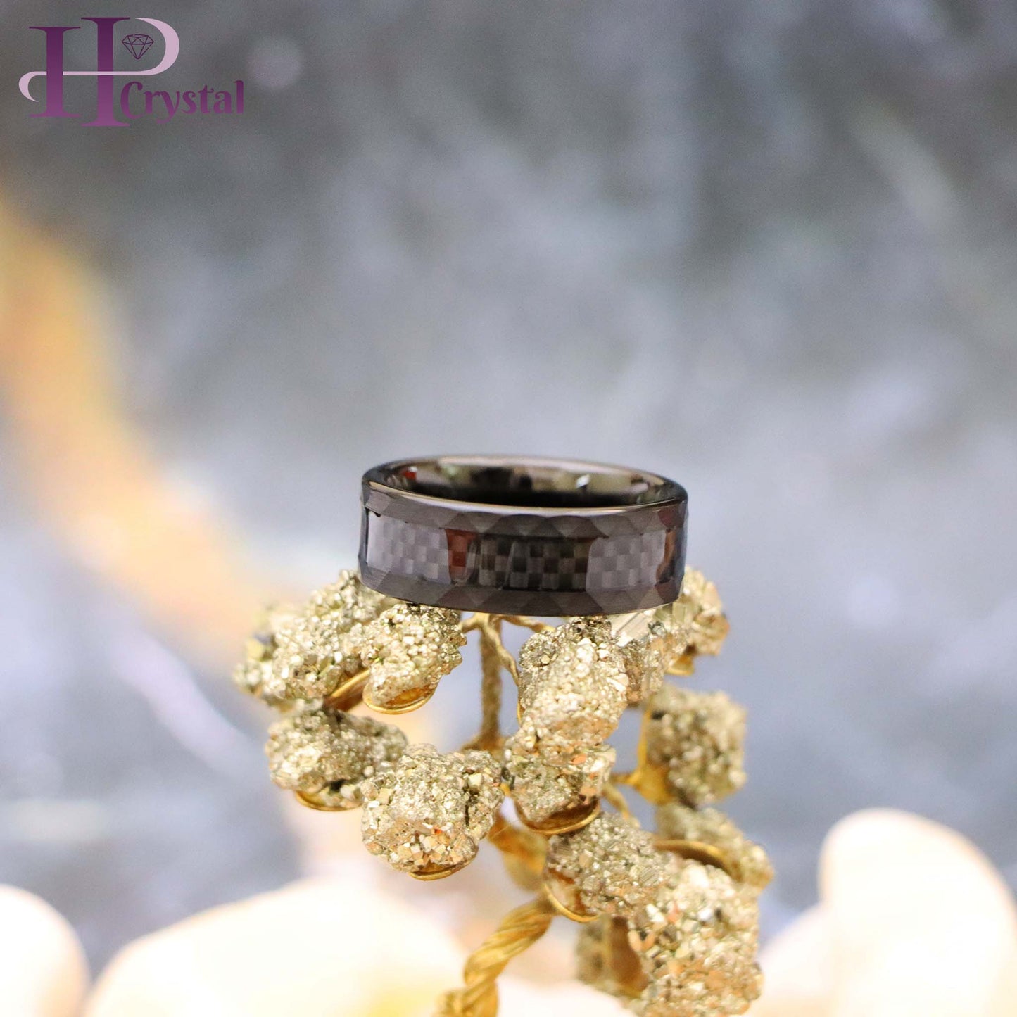 Carbon Fiber Center Faceted Sides Tungsten Ring