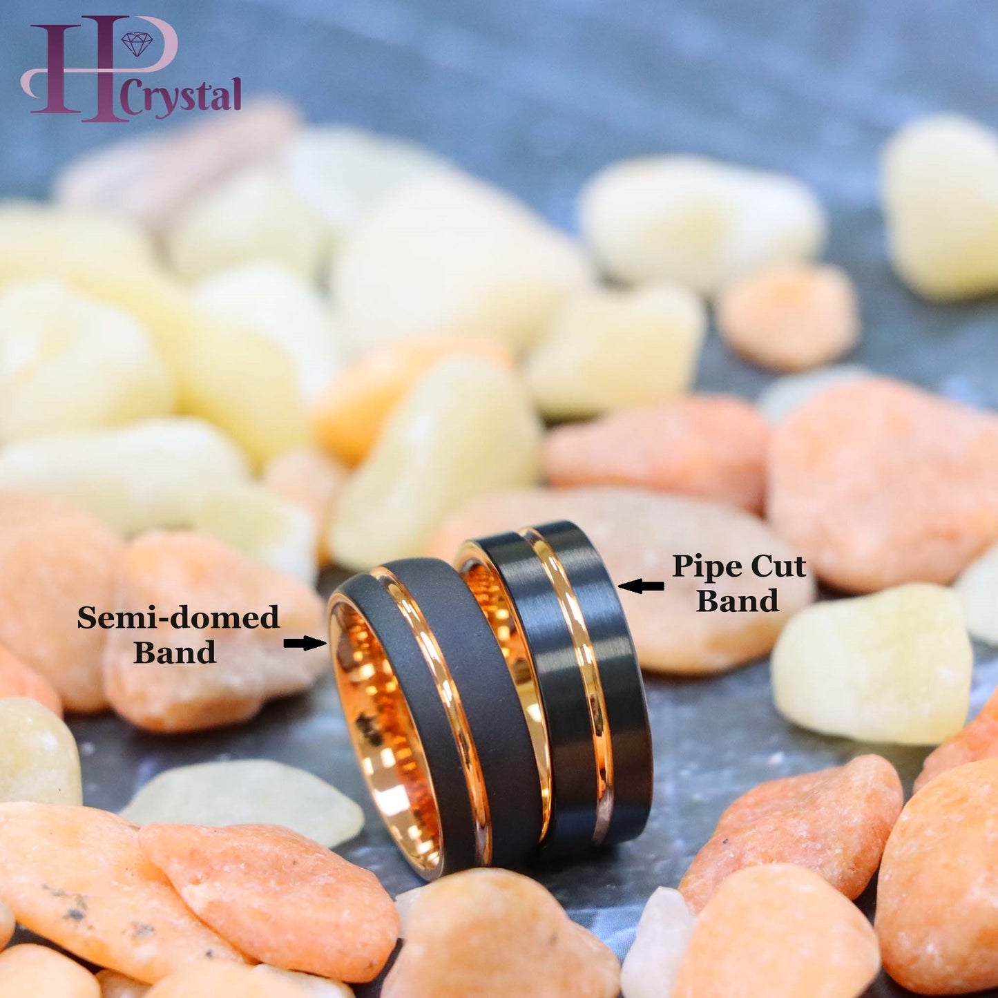 Domed Rose Gold & Black IP Plated Sandblasted Finish/Rose & Black IP Grooved Pipe-Cut Tungsten Ring