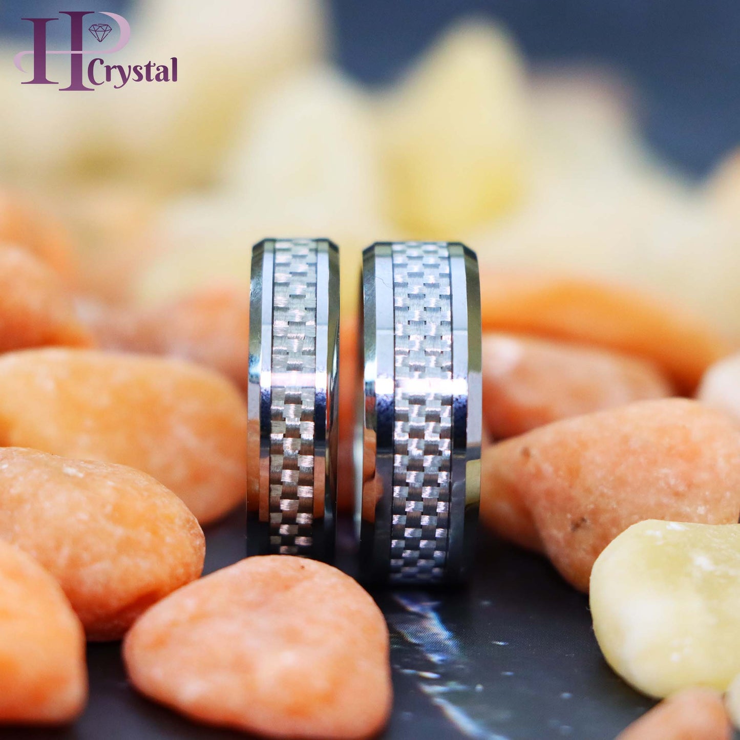 Grey Carbon Fiber Inlay Low Beveled Edge Tungsten Ring