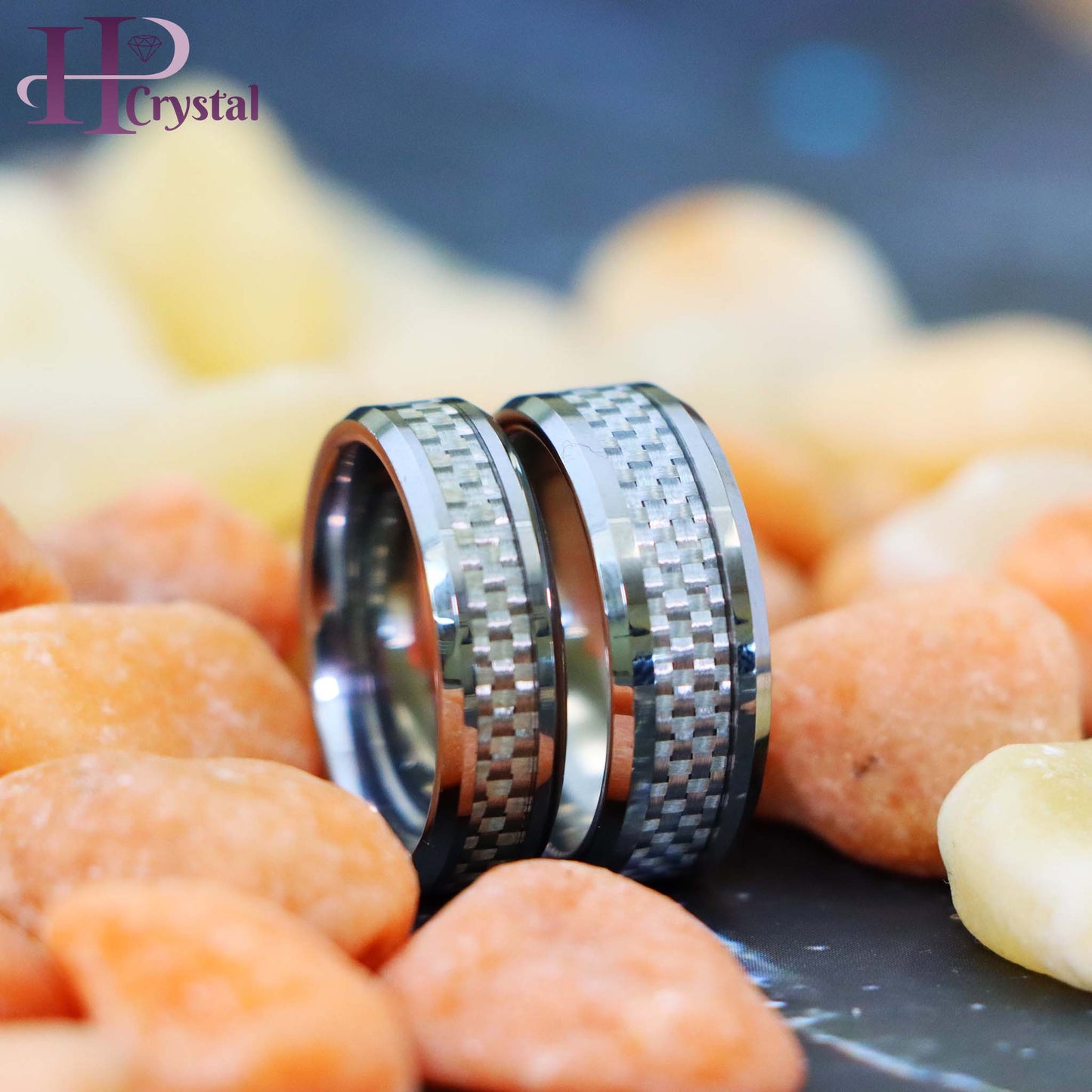 Grey Carbon Fiber Inlay Low Beveled Edge Tungsten Ring
