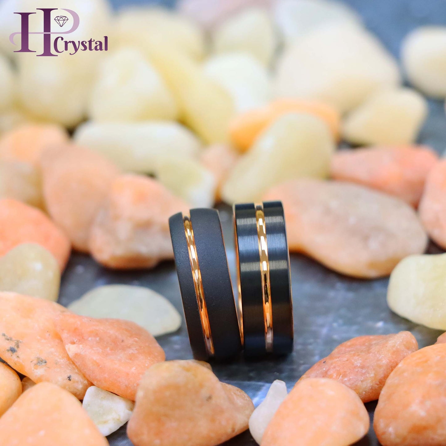 Domed Rose Gold & Black IP Plated Sandblasted Finish/Rose & Black IP Grooved Pipe-Cut Tungsten Ring
