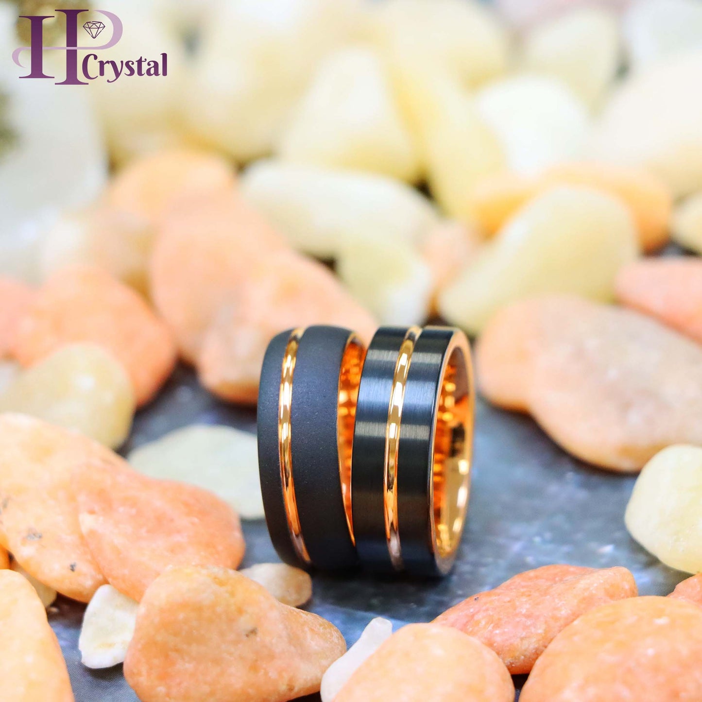 Domed Rose Gold & Black IP Plated Sandblasted Finish/Rose & Black IP Grooved Pipe-Cut Tungsten Ring