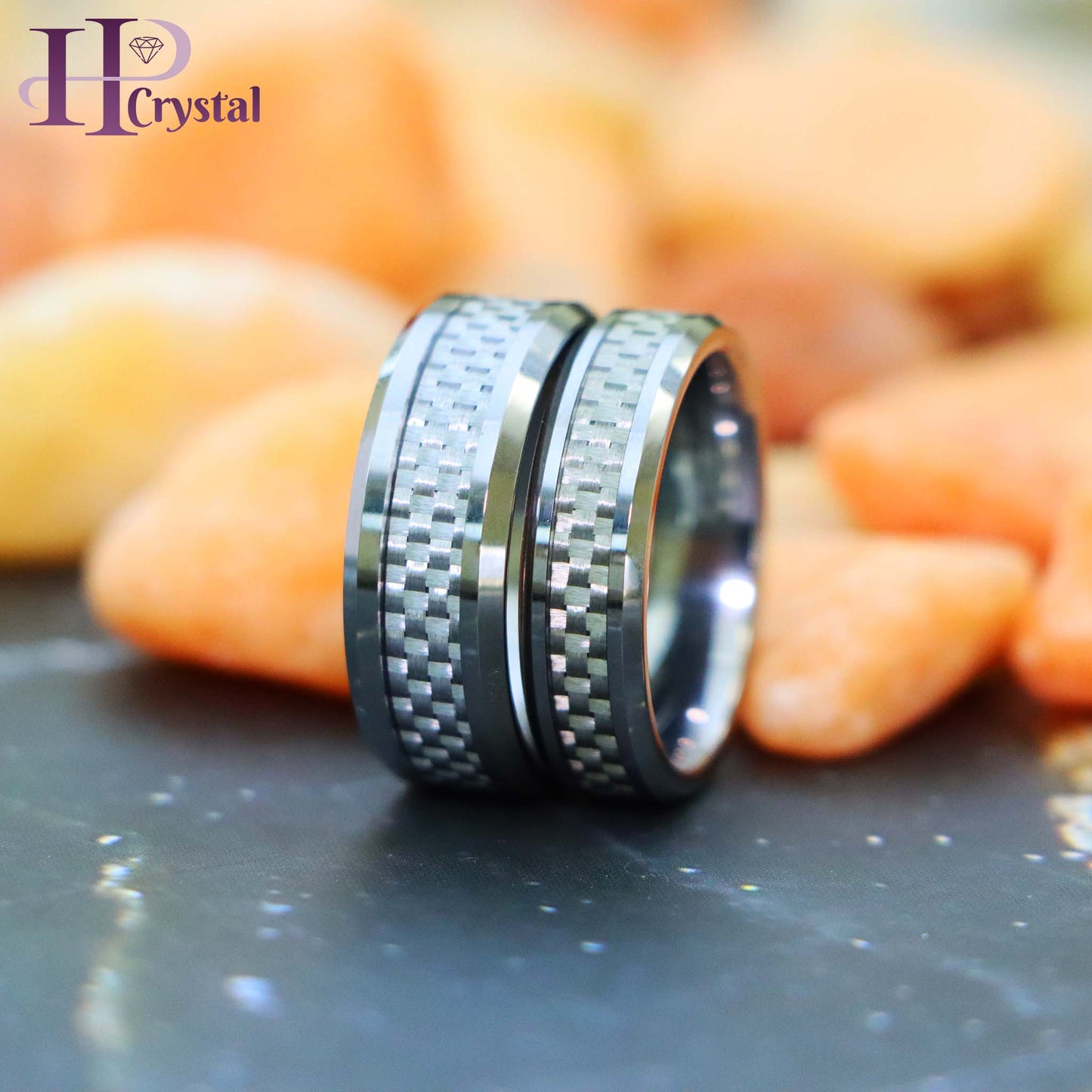 Grey Carbon Fiber Inlay Low Beveled Edge Tungsten Ring