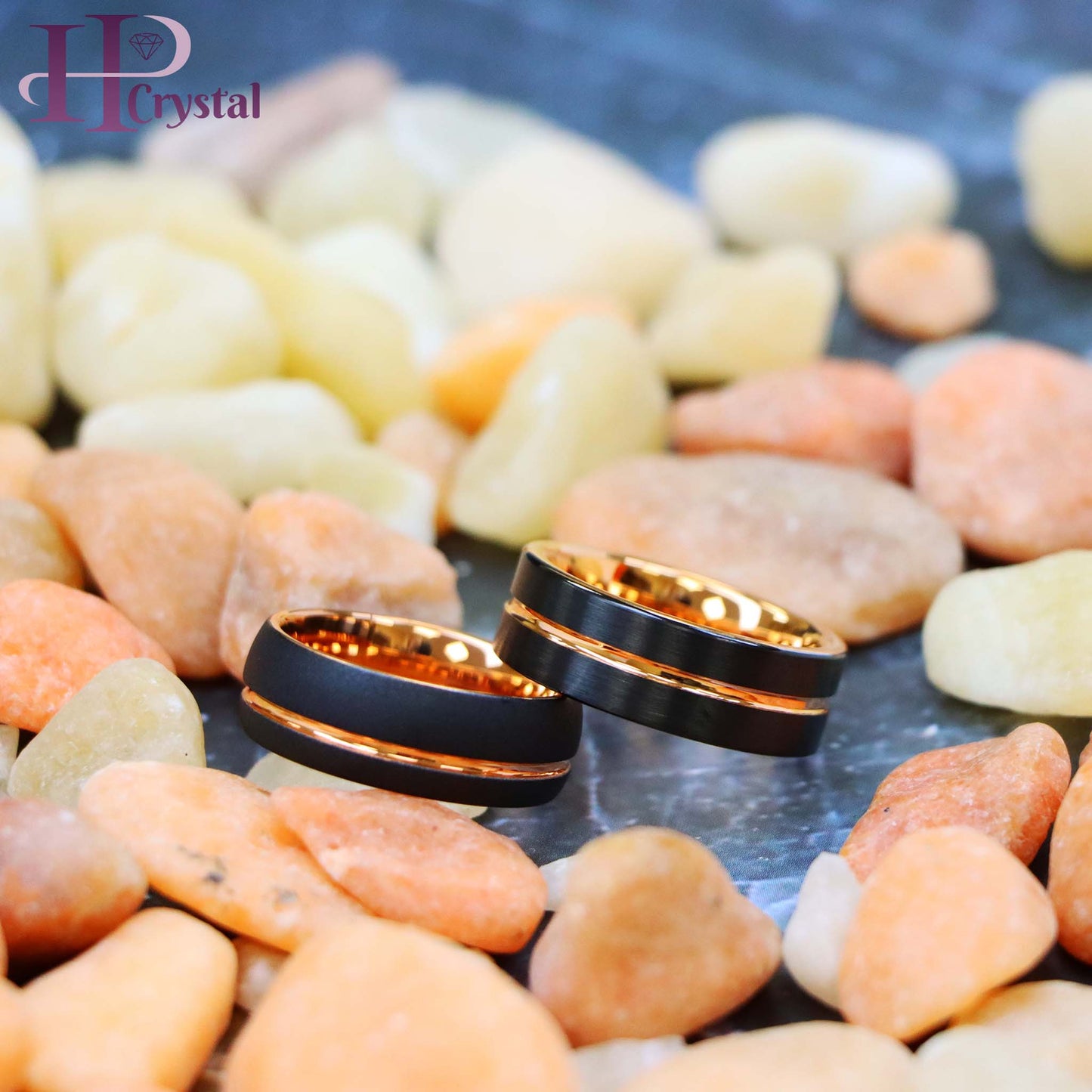 Domed Rose Gold & Black IP Plated Sandblasted Finish/Rose & Black IP Grooved Pipe-Cut Tungsten Ring